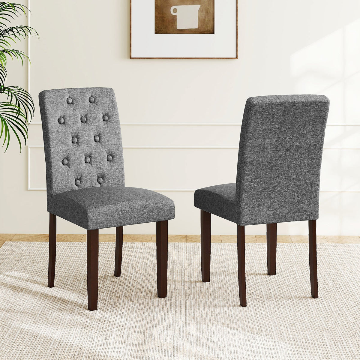 Button Tufted Fabric Upholstered Wooden Dining Chair Set of 2 with High Curved Back-Gray-Dining Chairs-DECOROLALA