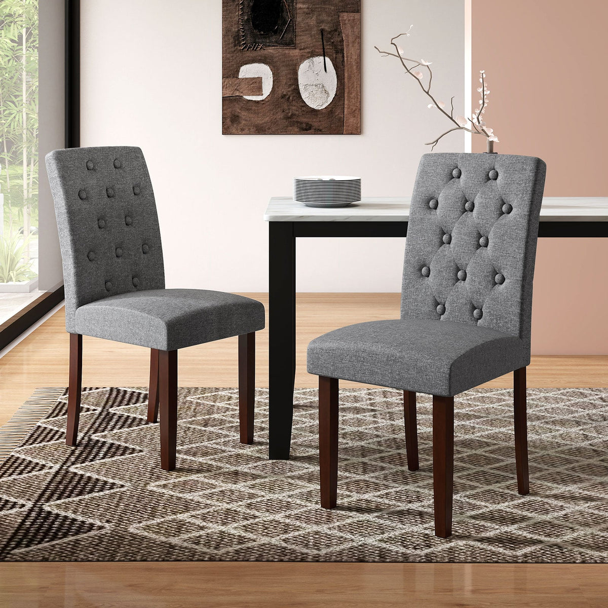 Button Tufted Fabric Upholstered Wooden Dining Chair Set of 2 with High Curved Back-Gray-Dining Chairs-DECOROLALA