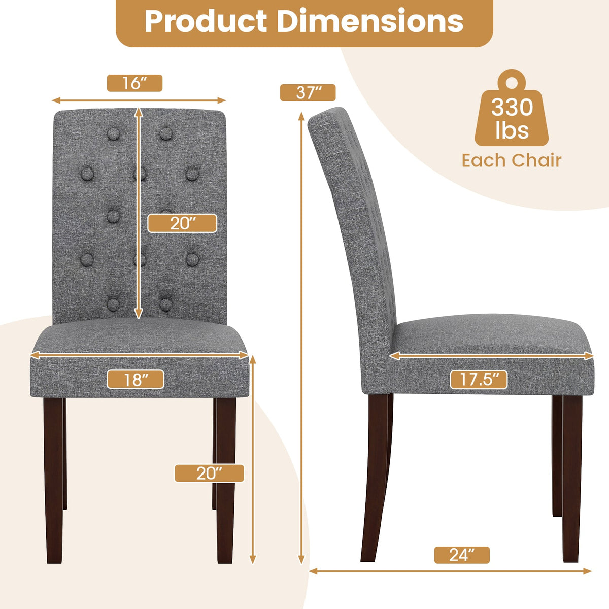 Button Tufted Fabric Upholstered Wooden Dining Chair Set of 2 with High Curved Back-Gray-Dining Chairs-DECOROLALA