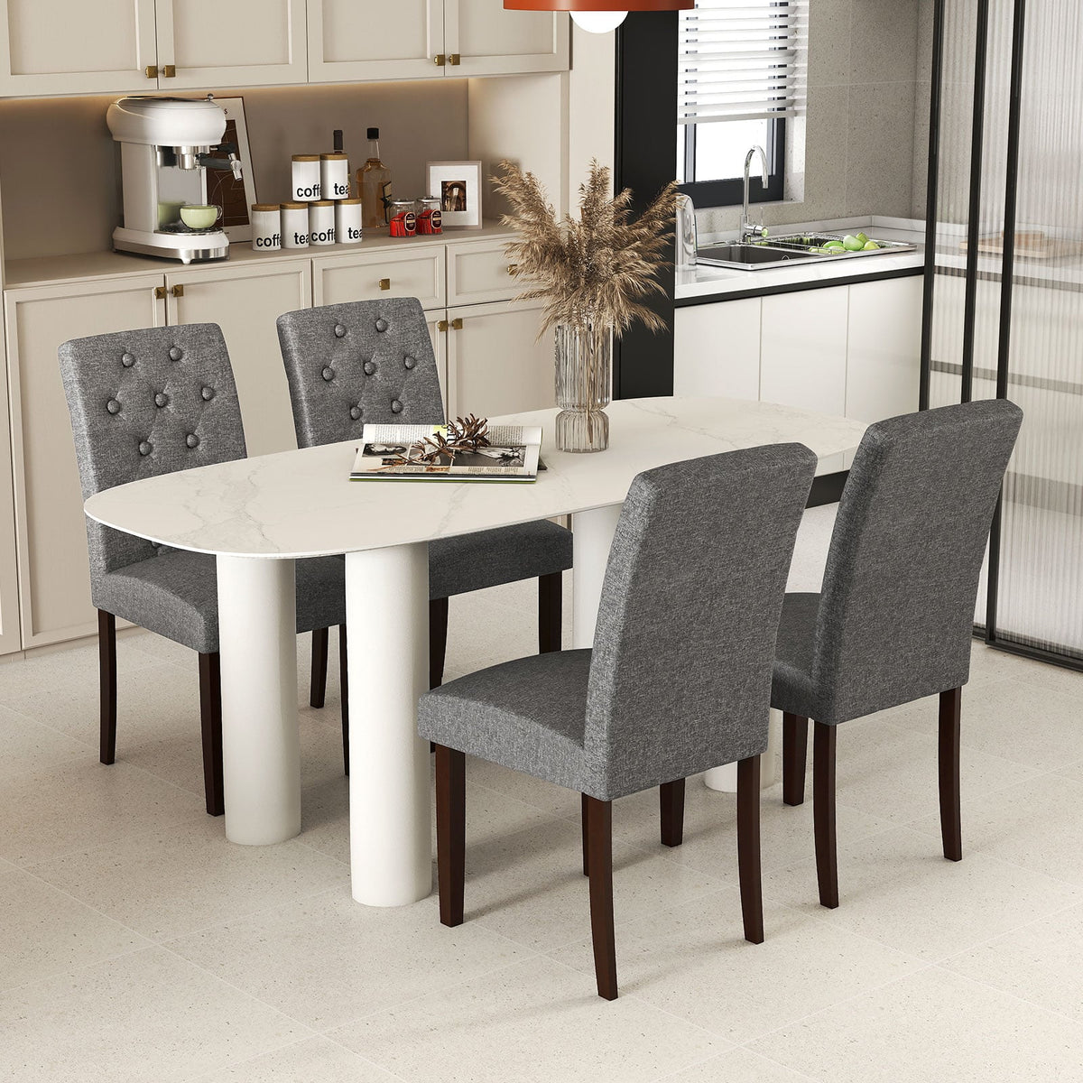 Button Tufted Fabric Upholstered Wooden Dining Chair Set of 2 with High Curved Back-Gray-Dining Chairs-DECOROLALA