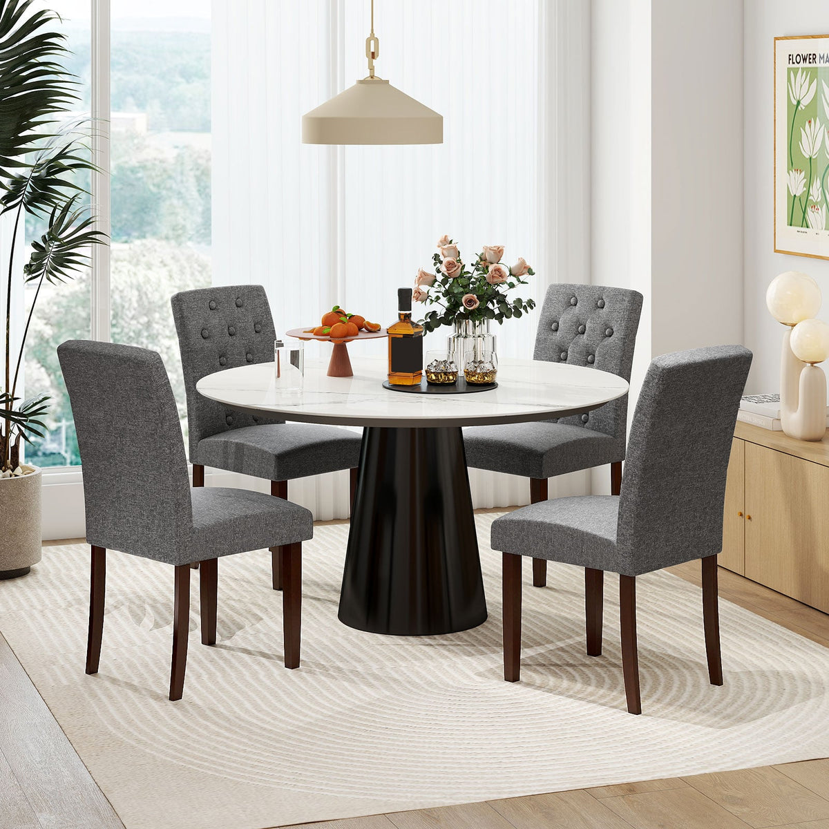 Button Tufted Fabric Upholstered Wooden Dining Chair Set of 2 with High Curved Back-Gray-Dining Chairs-DECOROLALA