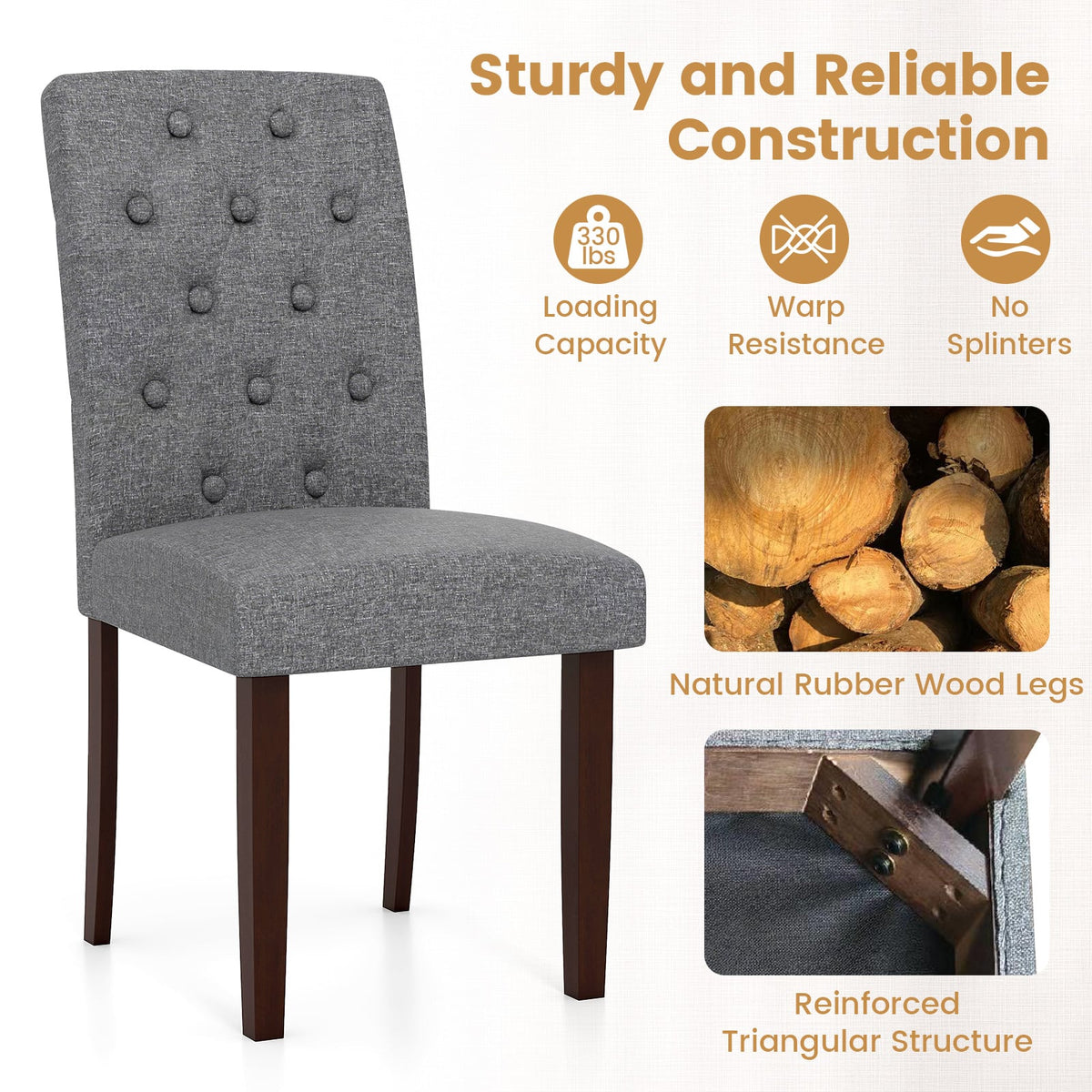 Button Tufted Fabric Upholstered Wooden Dining Chair Set of 2 with High Curved Back-Gray-Dining Chairs-DECOROLALA