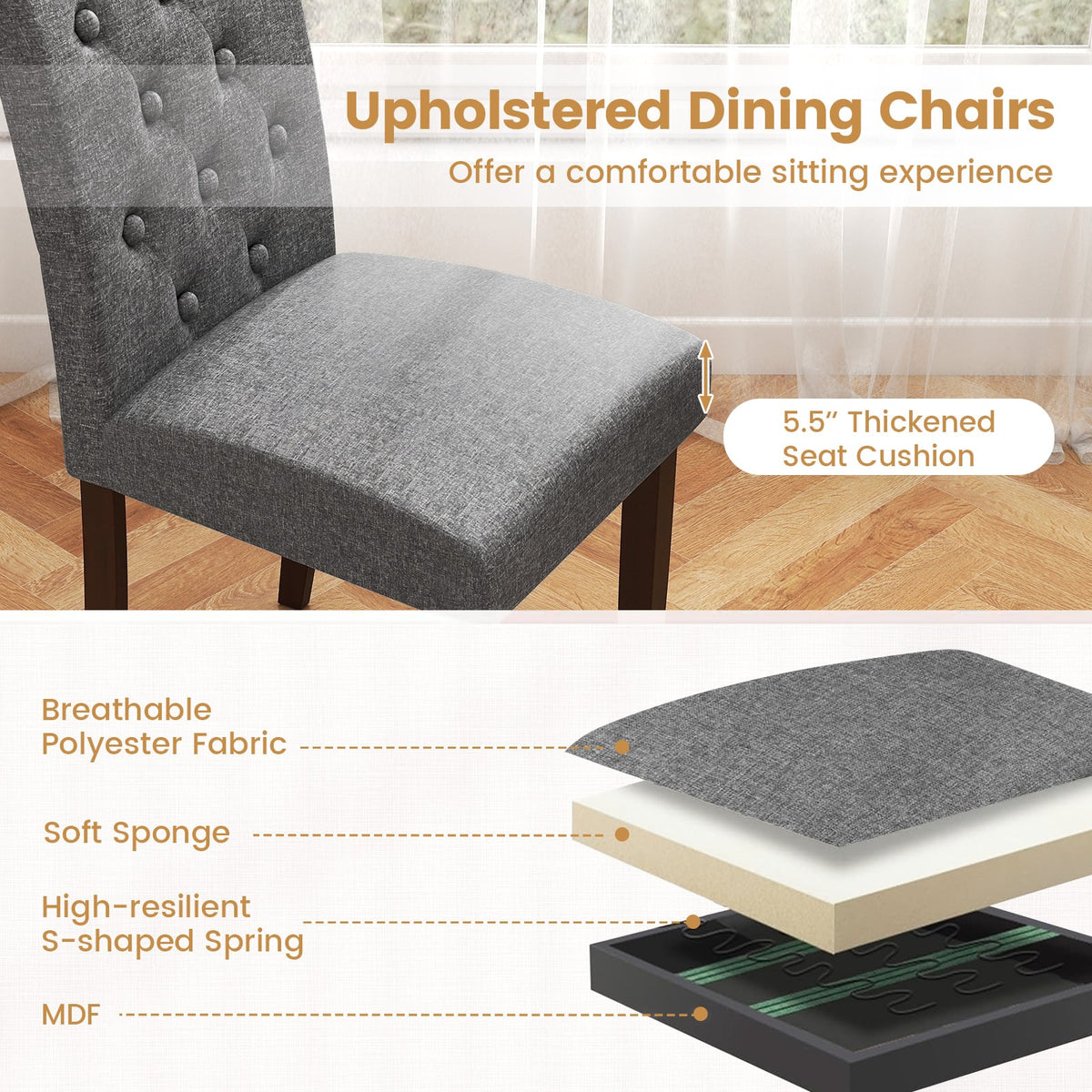 Button Tufted Fabric Upholstered Wooden Dining Chair Set of 2 with High Curved Back-Gray-Dining Chairs-DECOROLALA