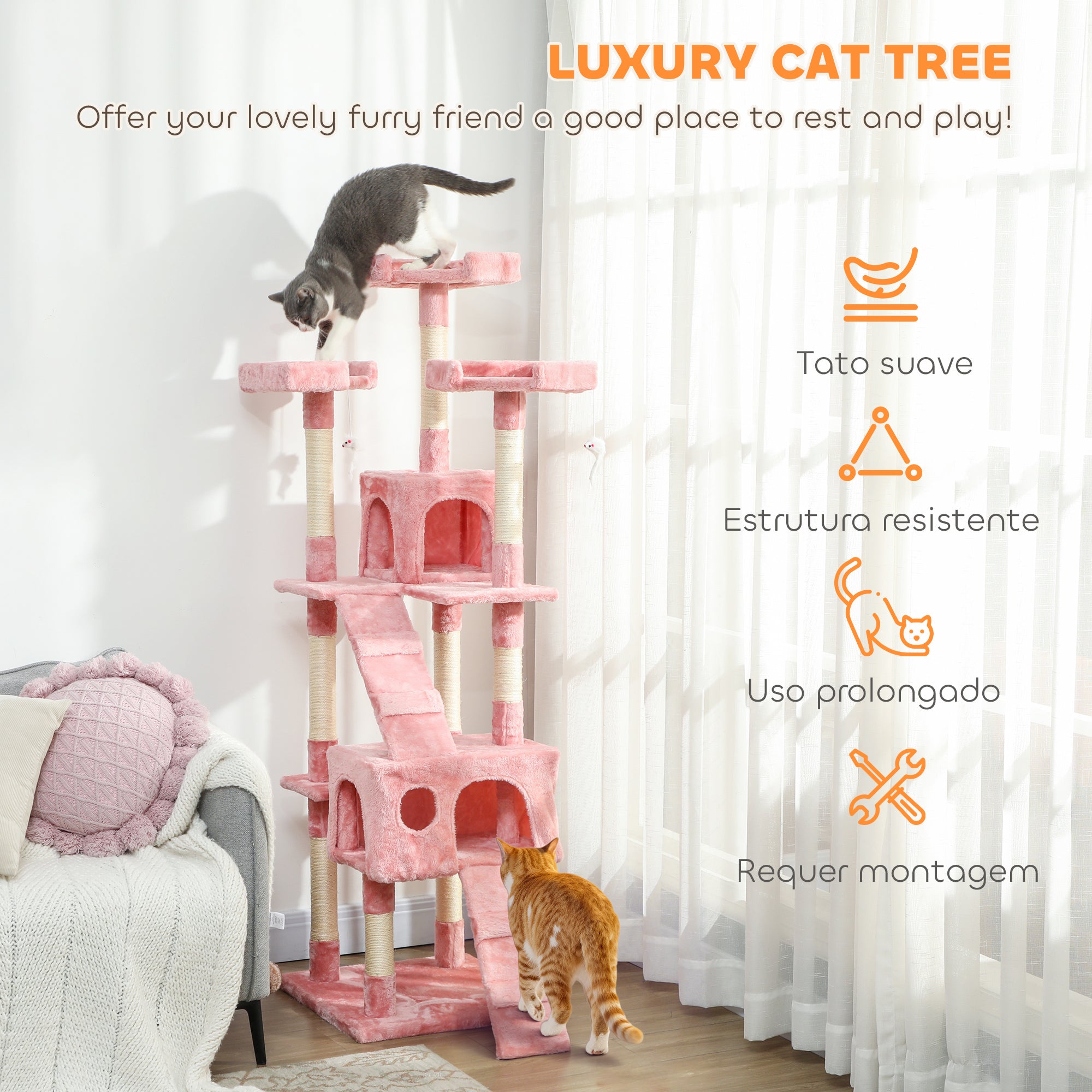 68-inch Multi-Level Cat Scratching Tree Kitty Activity Center Post Tower Condo Pet Furniture w/ Toy Pink