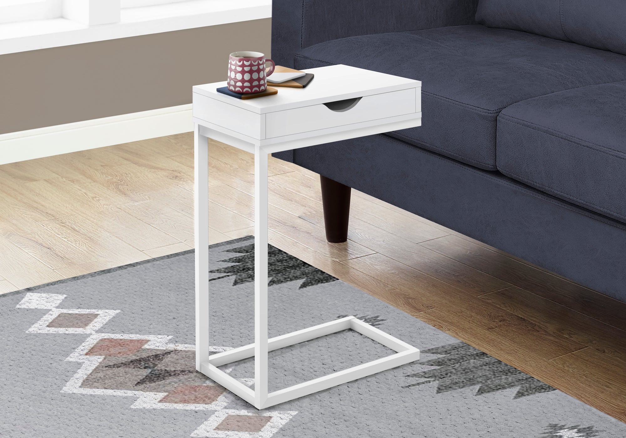 C-Shape Accent Table with Storage Drawer, Black-Accent Table-DECOROLALA