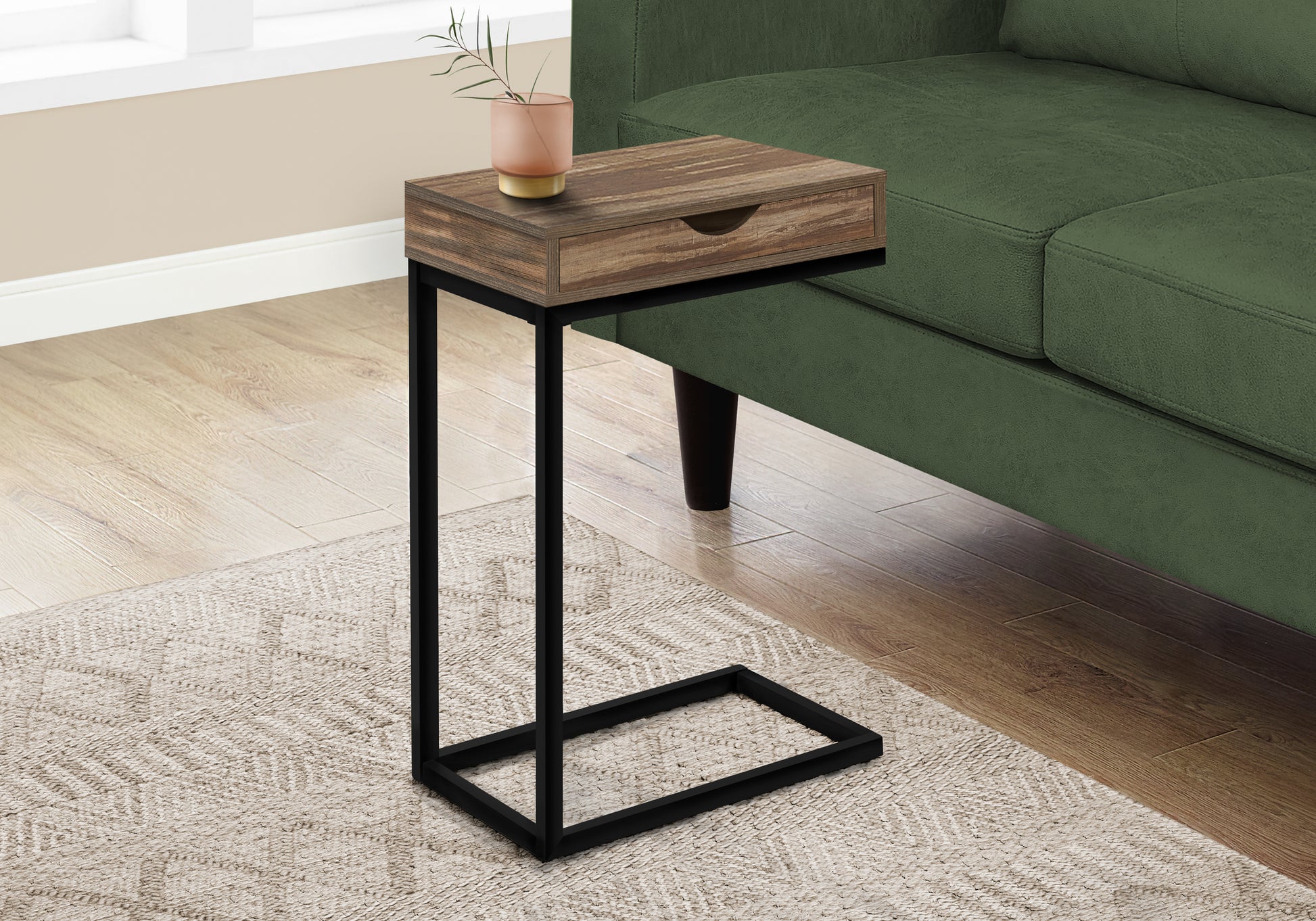 C-Shape Accent Table with Storage Drawer, Black-Accent Table-DECOROLALA