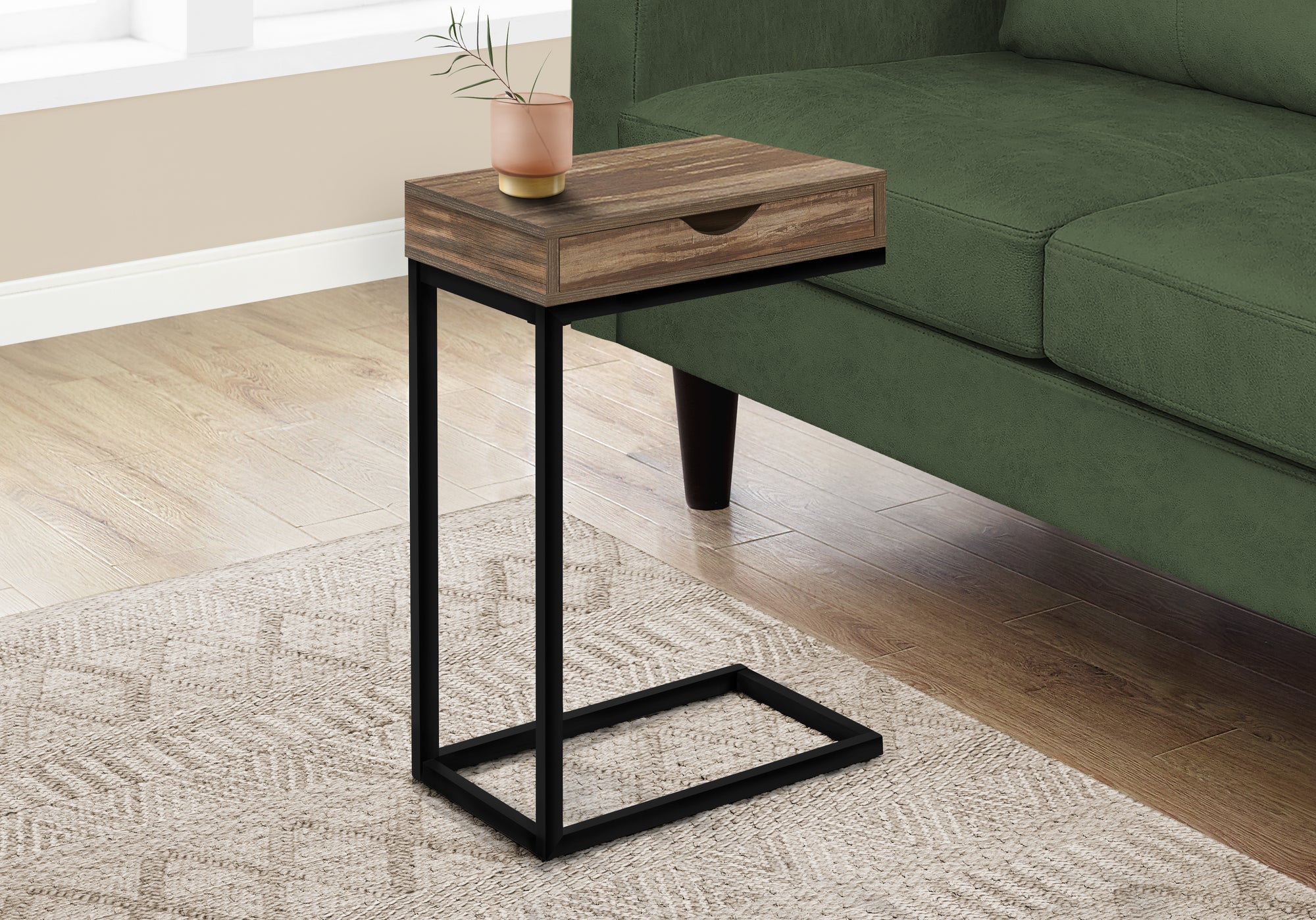 C-Shape Accent Table with Storage Drawer, Black-Accent Table-DECOROLALA