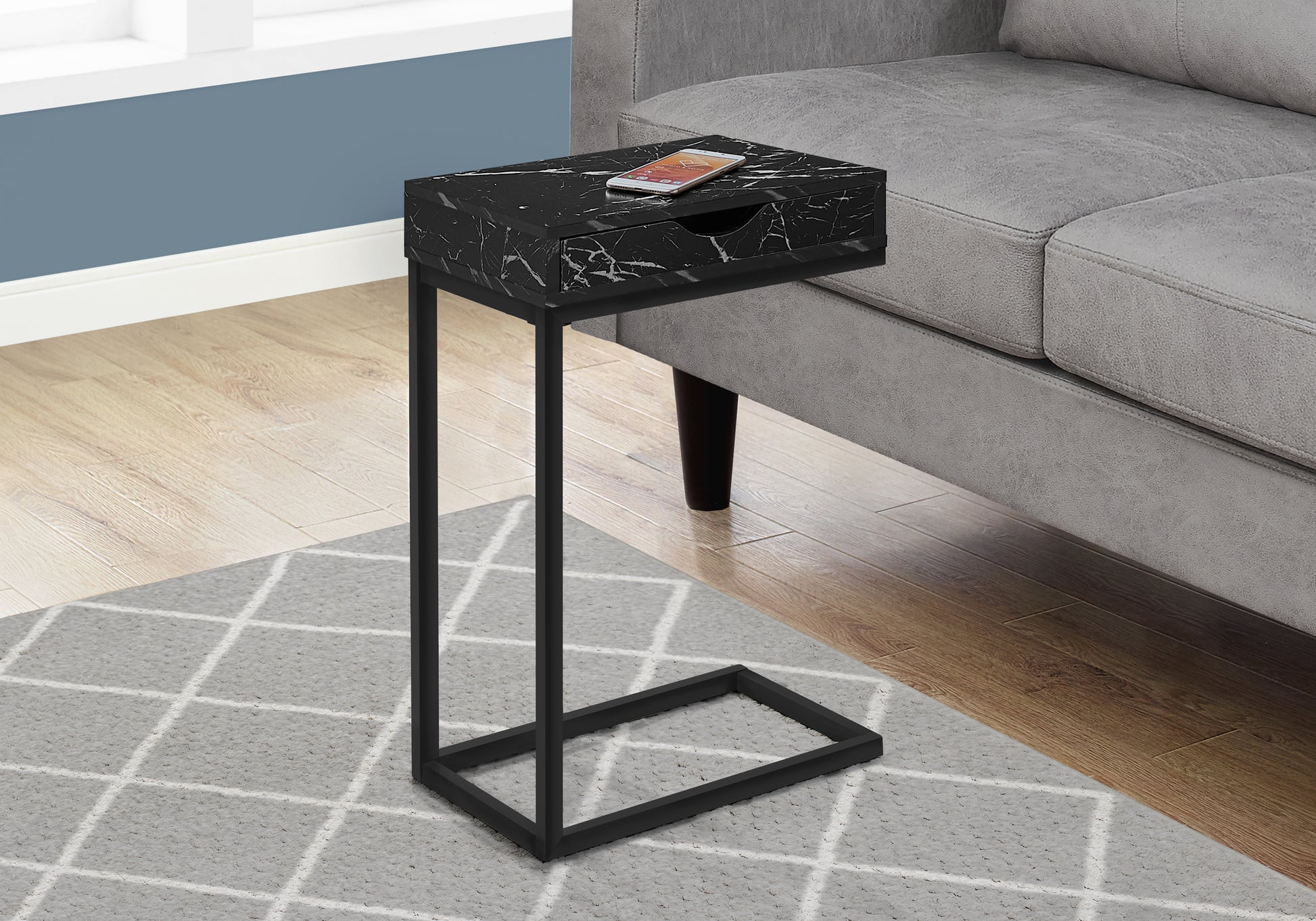 C-Shape Accent Table with Storage Drawer, Black-Accent Table-DECOROLALA