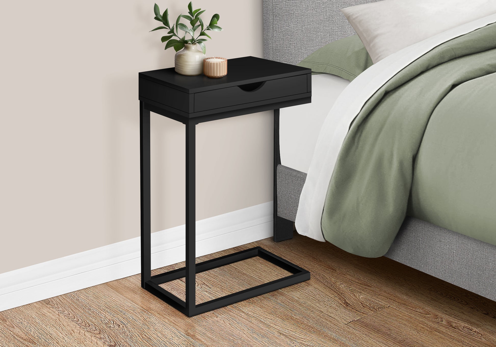 C-Shape Accent Table with Storage Drawer, Black-Accent Table-DECOROLALA