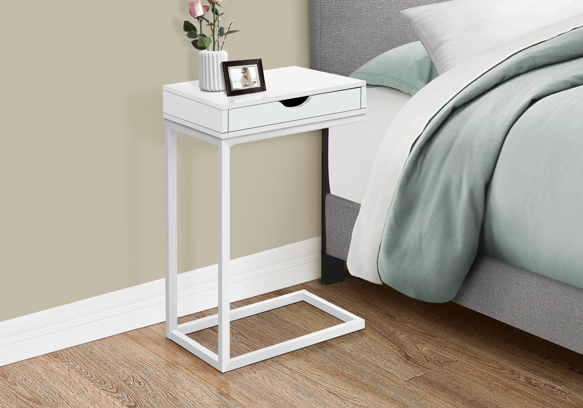 C-Shape Accent Table with Storage Drawer, Black-Accent Table-DECOROLALA