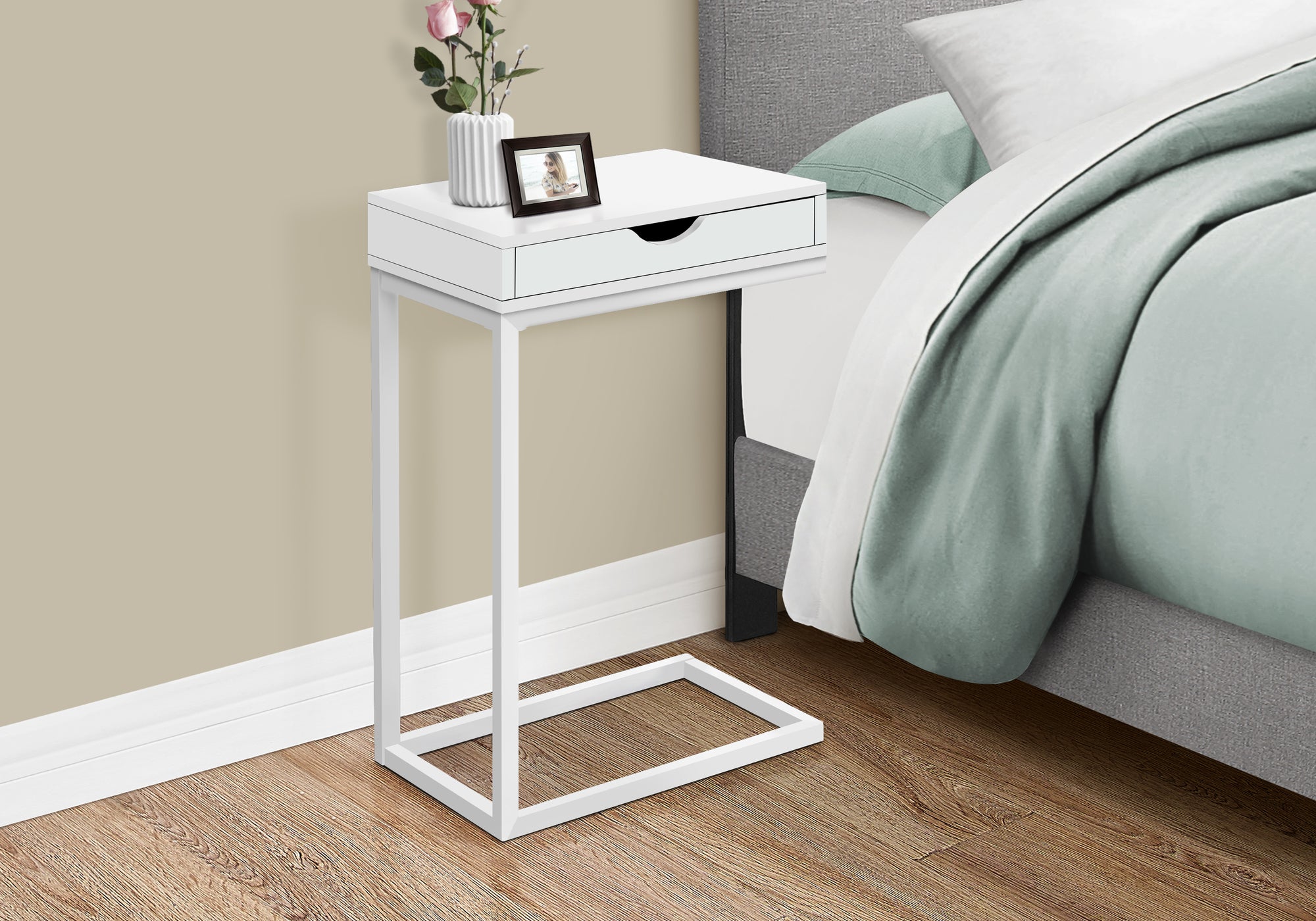 C-Shape Accent Table with Storage Drawer, Black-Accent Table-DECOROLALA
