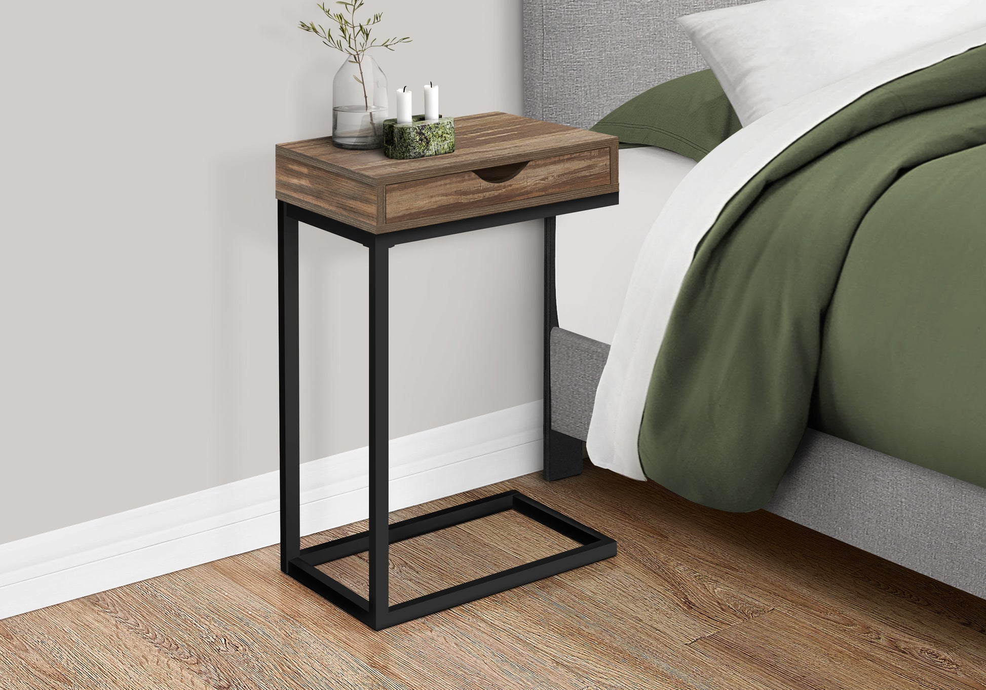 C-Shape Accent Table with Storage Drawer, Black-Accent Table-DECOROLALA