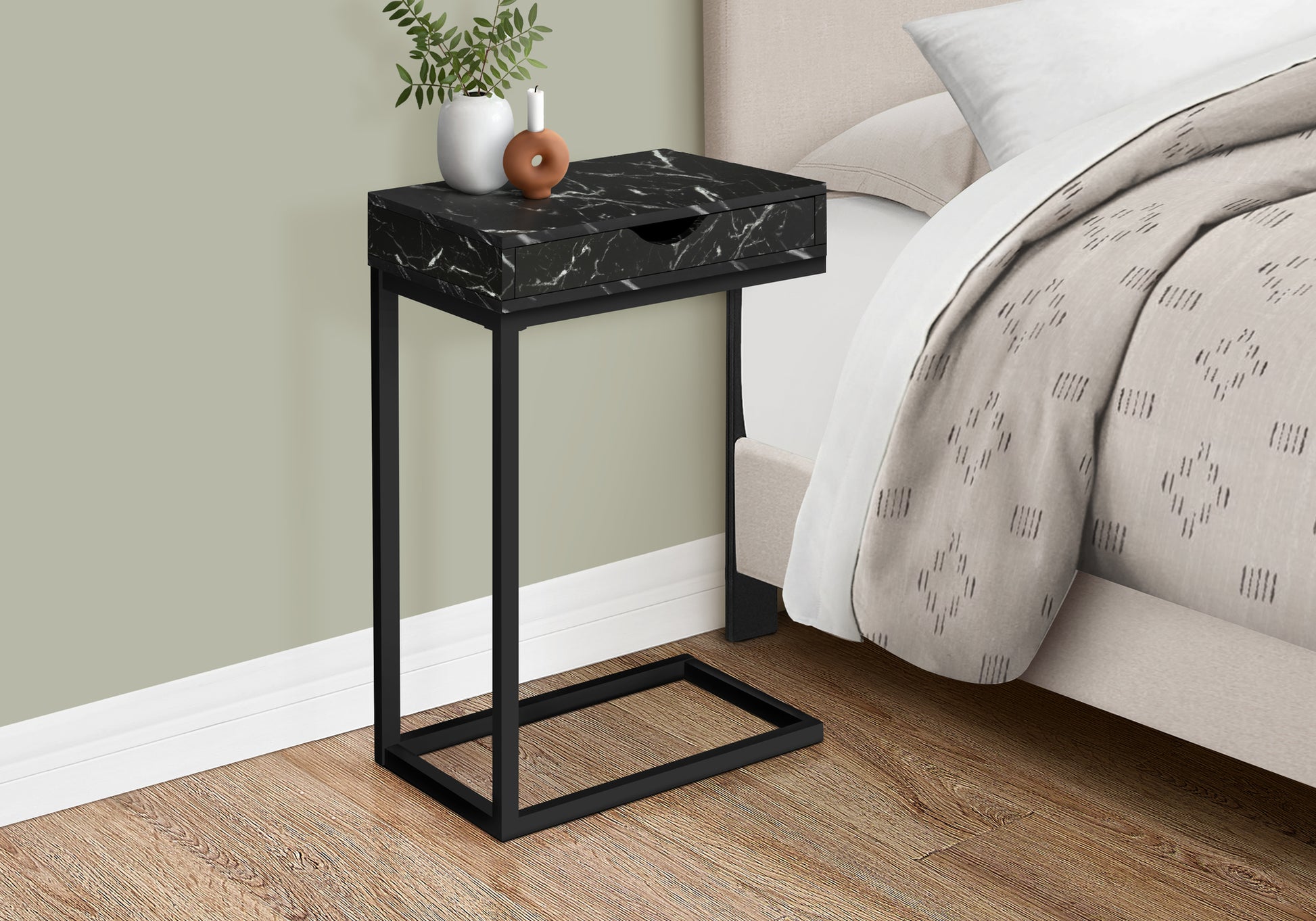 C-Shape Accent Table with Storage Drawer, Black-Accent Table-DECOROLALA