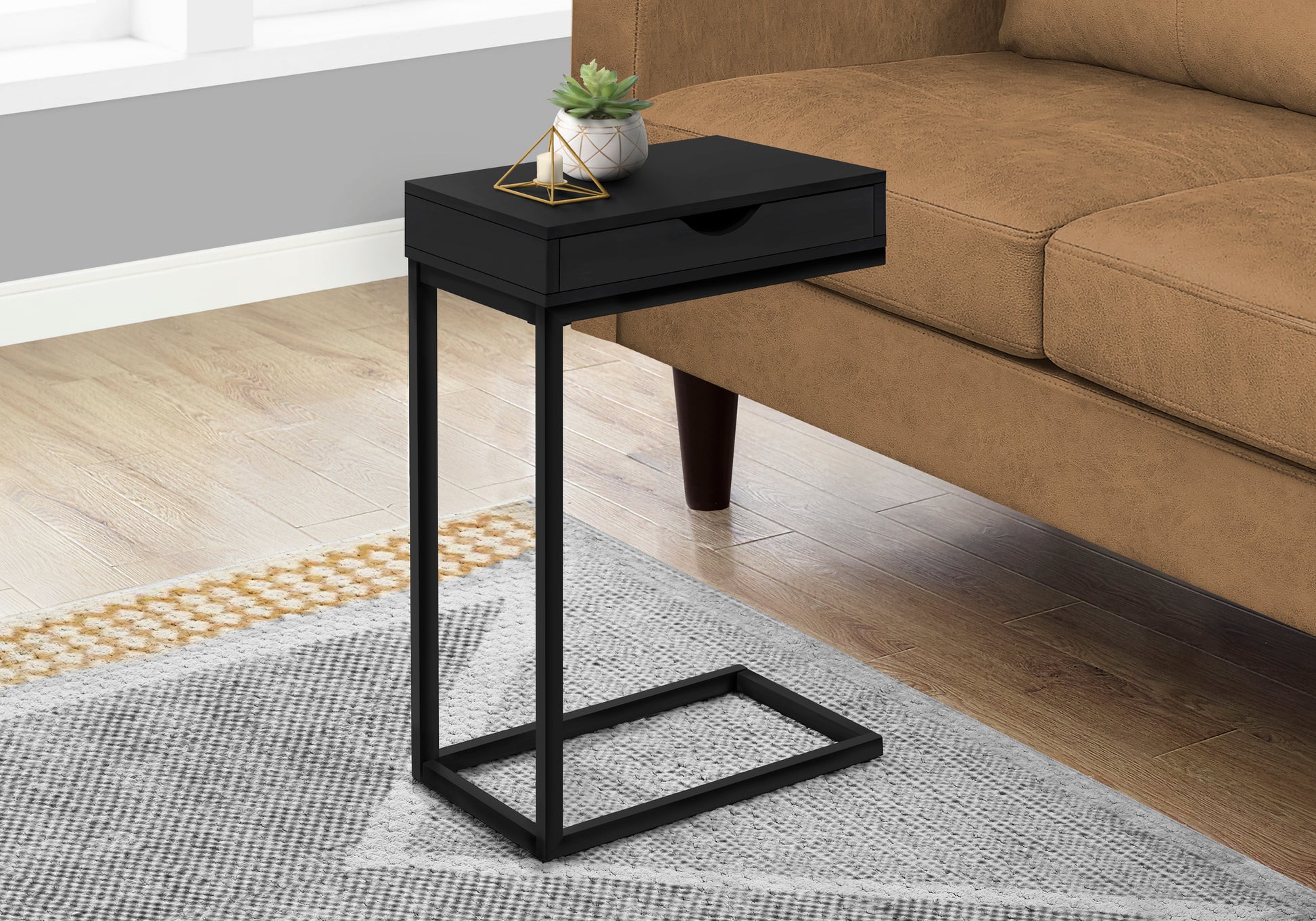 C-Shape Accent Table with Storage Drawer, Black-Accent Table-DECOROLALA