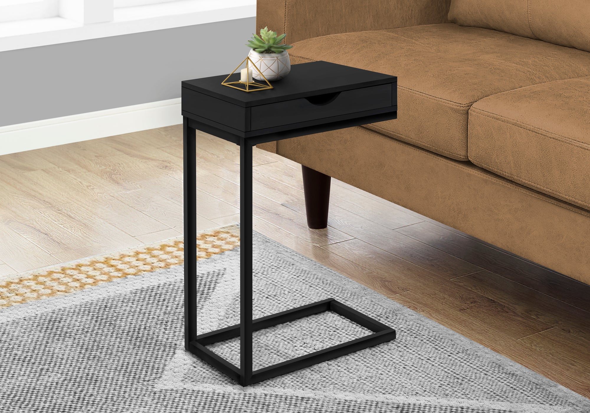 C-Shape Accent Table with Storage Drawer, Black-Accent Table-DECOROLALA