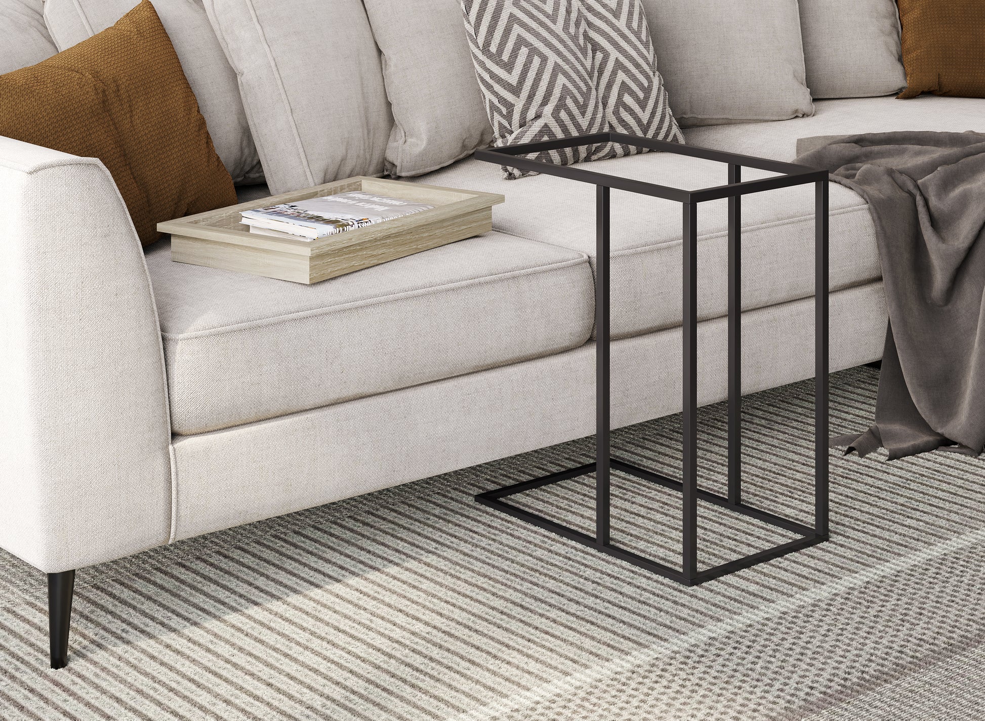 C-Shaped Accent Table Brown Wood Black Metal Tray-Accent tables-DECOROLALA