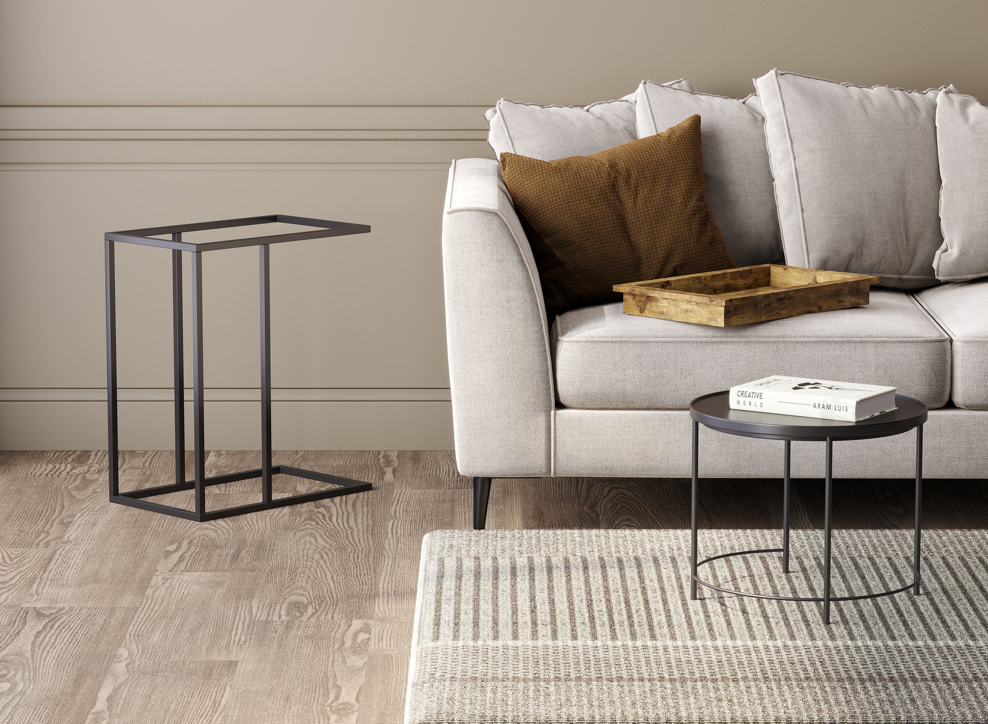C-Shaped Accent Table Brown Wood Black Metal Tray-Accent tables-DECOROLALA