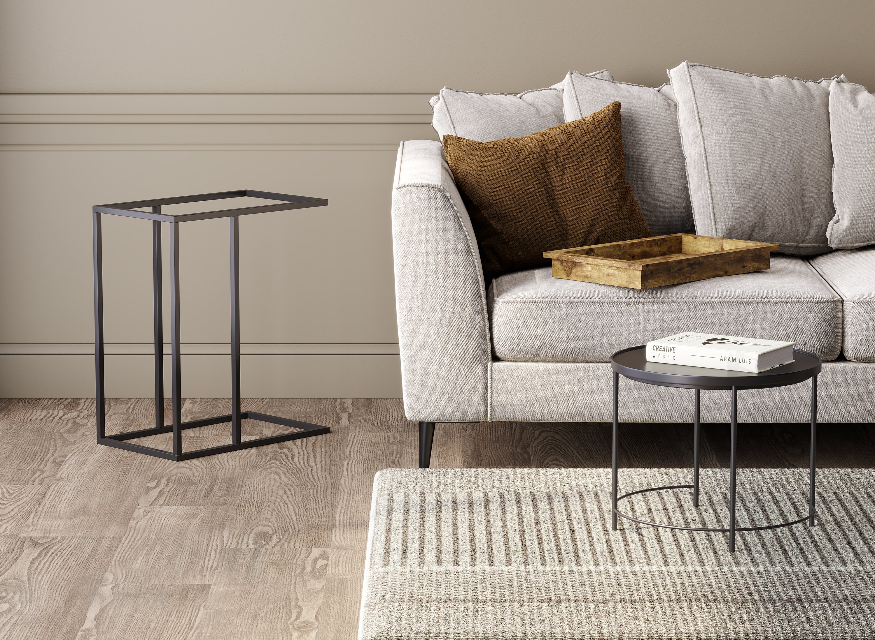 C-Shaped Accent Table Brown Wood Black Metal Tray-Accent tables-DECOROLALA
