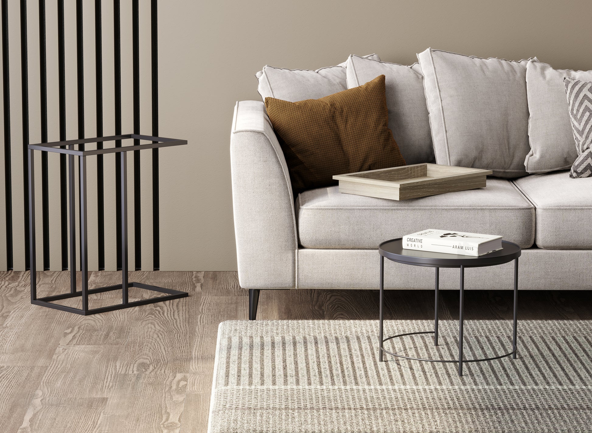 C-Shaped Accent Table Brown Wood Black Metal Tray-Accent tables-DECOROLALA