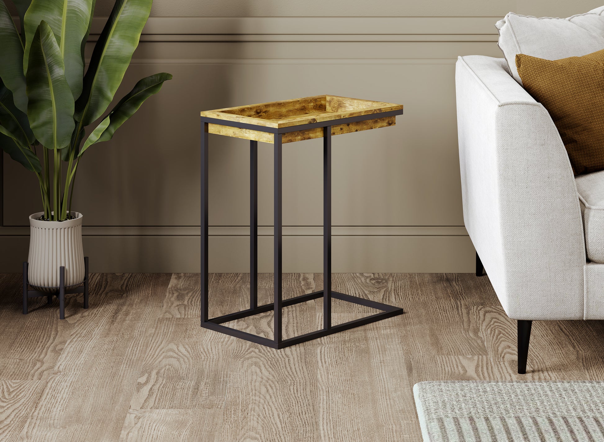 C-Shaped Accent Table Brown Wood Black Metal Tray-Accent tables-DECOROLALA