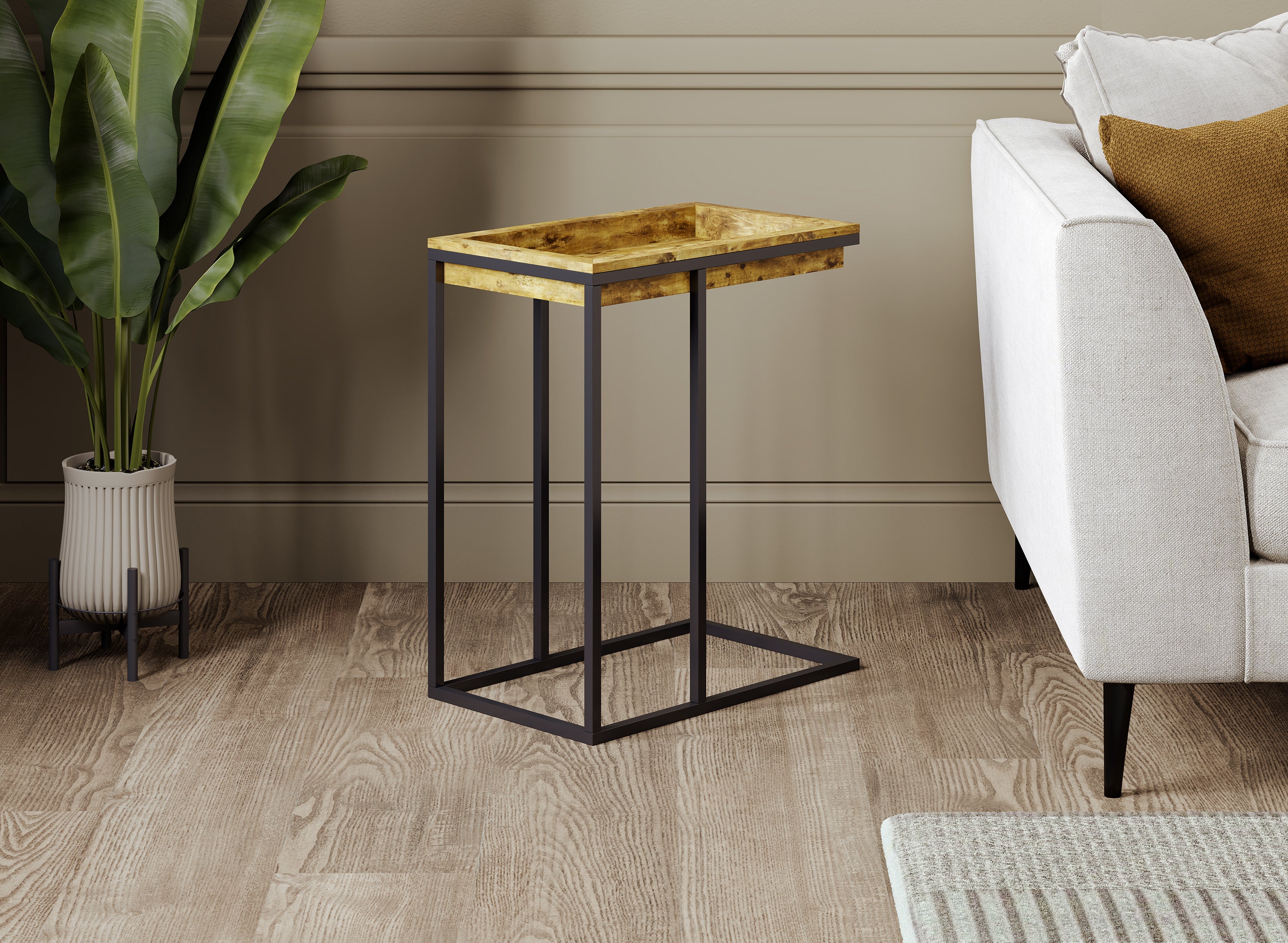 C-Shaped Accent Table Brown Wood Black Metal Tray-Accent tables-DECOROLALA