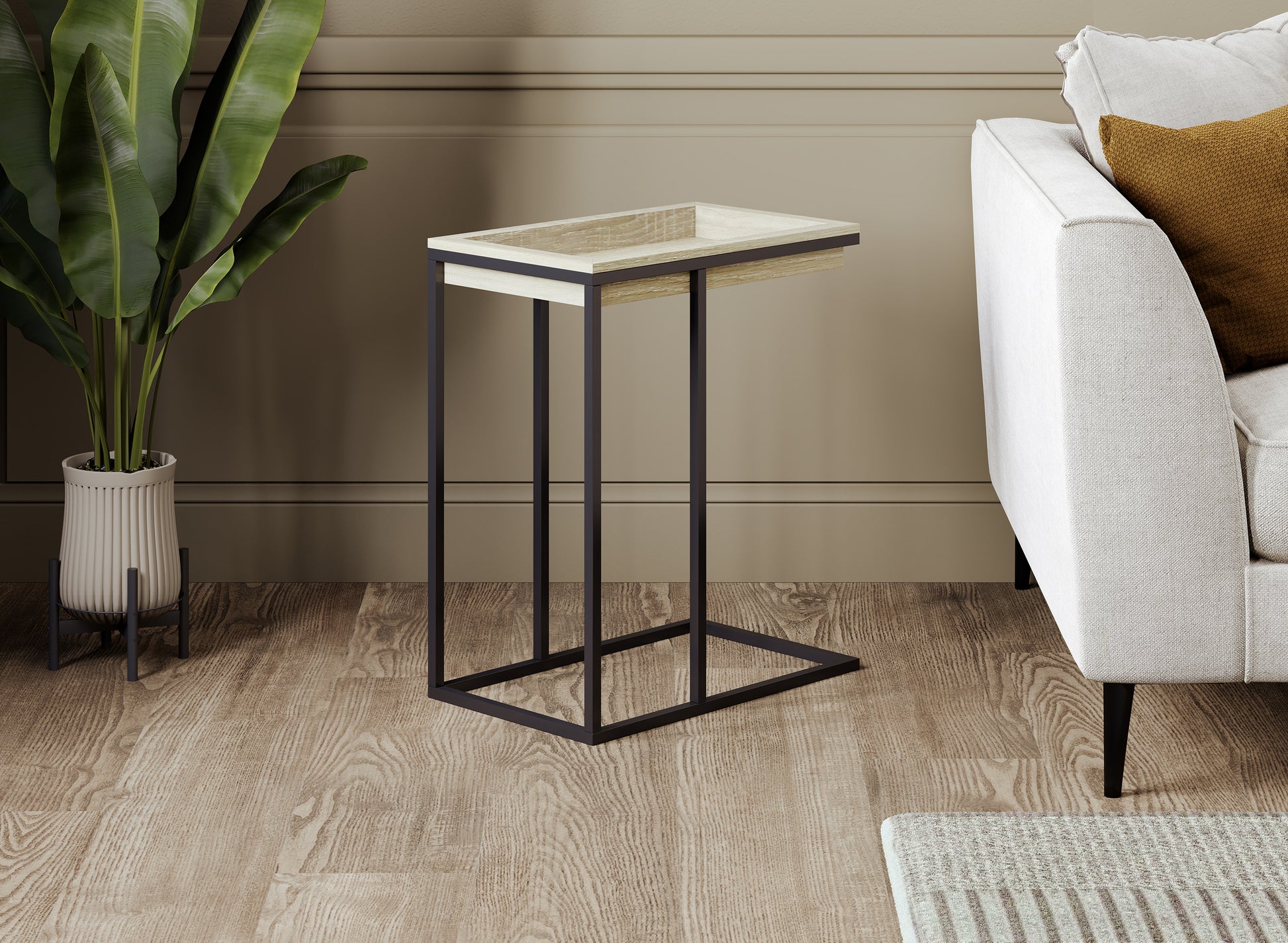 C-Shaped Accent Table Brown Wood Black Metal Tray-Accent tables-DECOROLALA