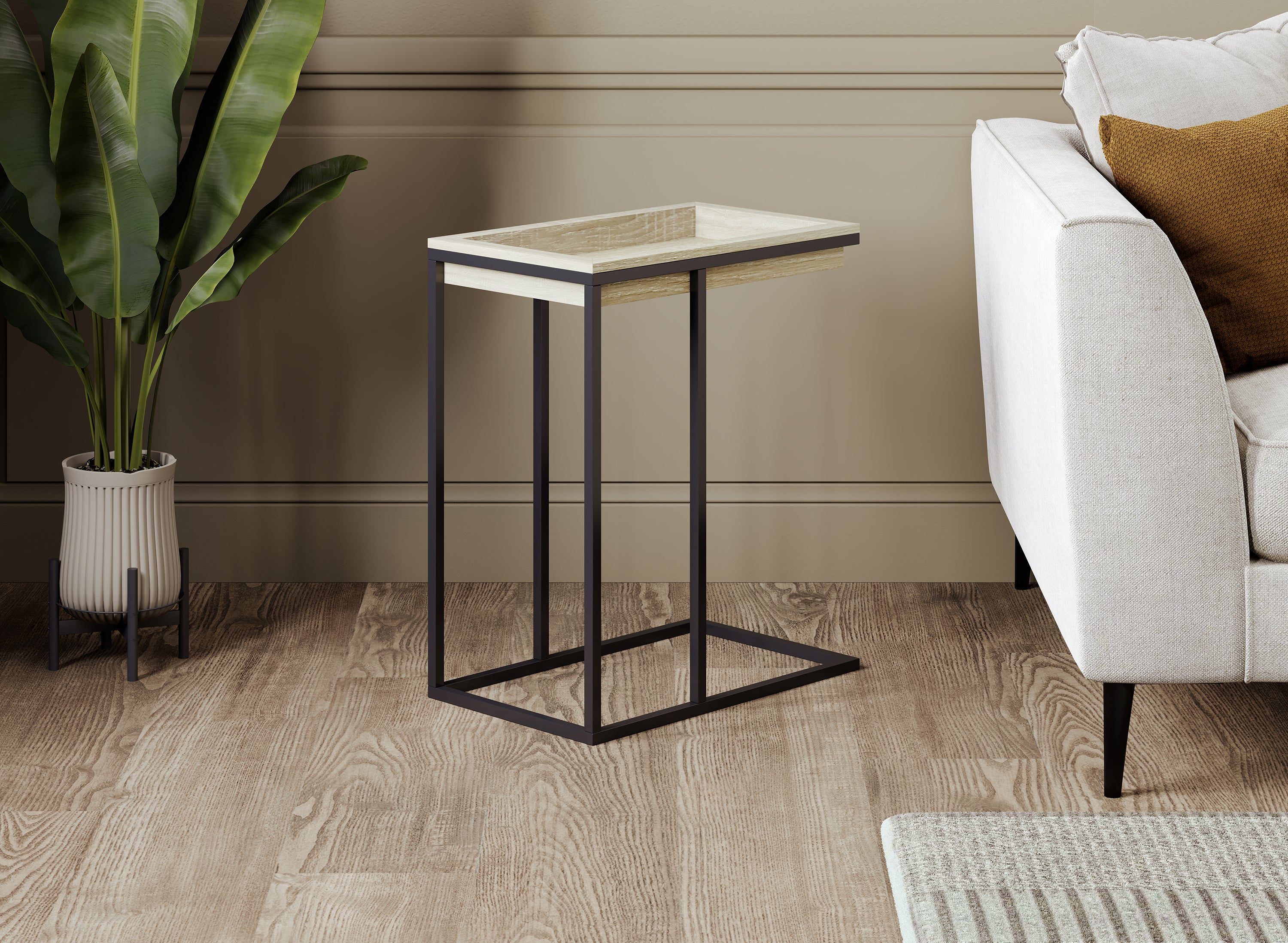 C-Shaped Accent Table Brown Wood Black Metal Tray-Accent tables-DECOROLALA