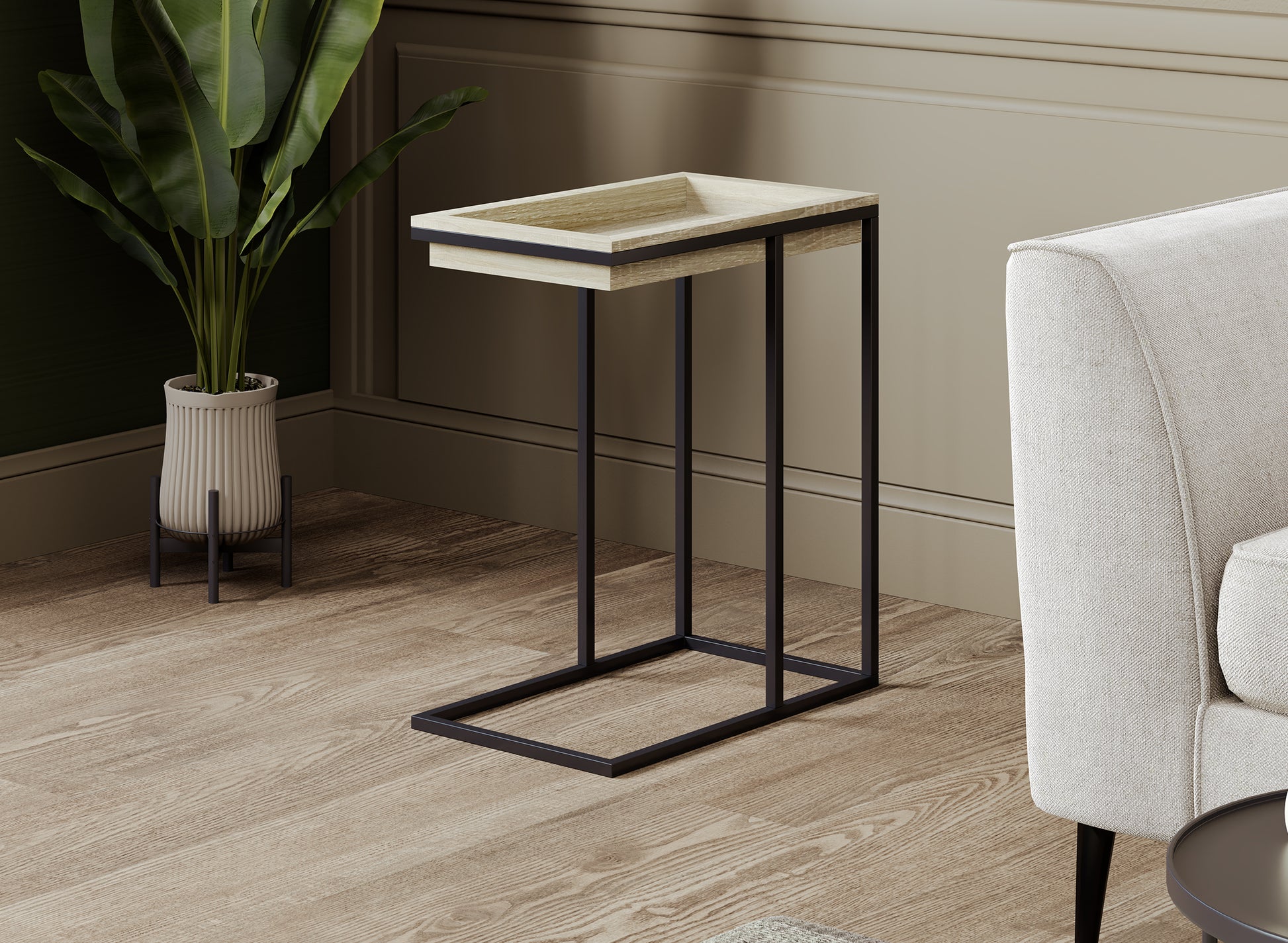 C-Shaped Accent Table Brown Wood Black Metal Tray-Accent tables-DECOROLALA