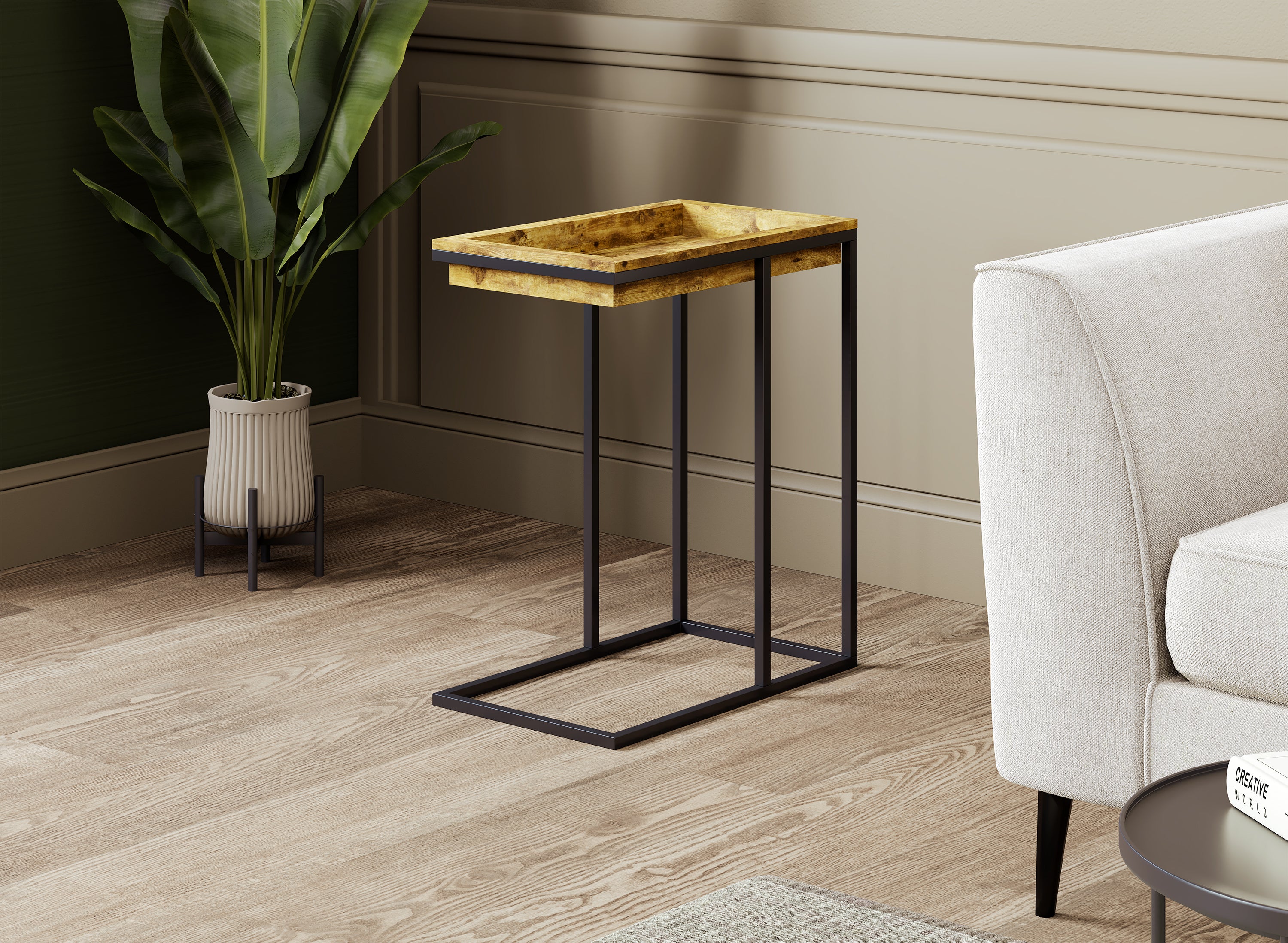 C-Shaped Accent Table Brown Wood Black Metal Tray-Accent tables-DECOROLALA