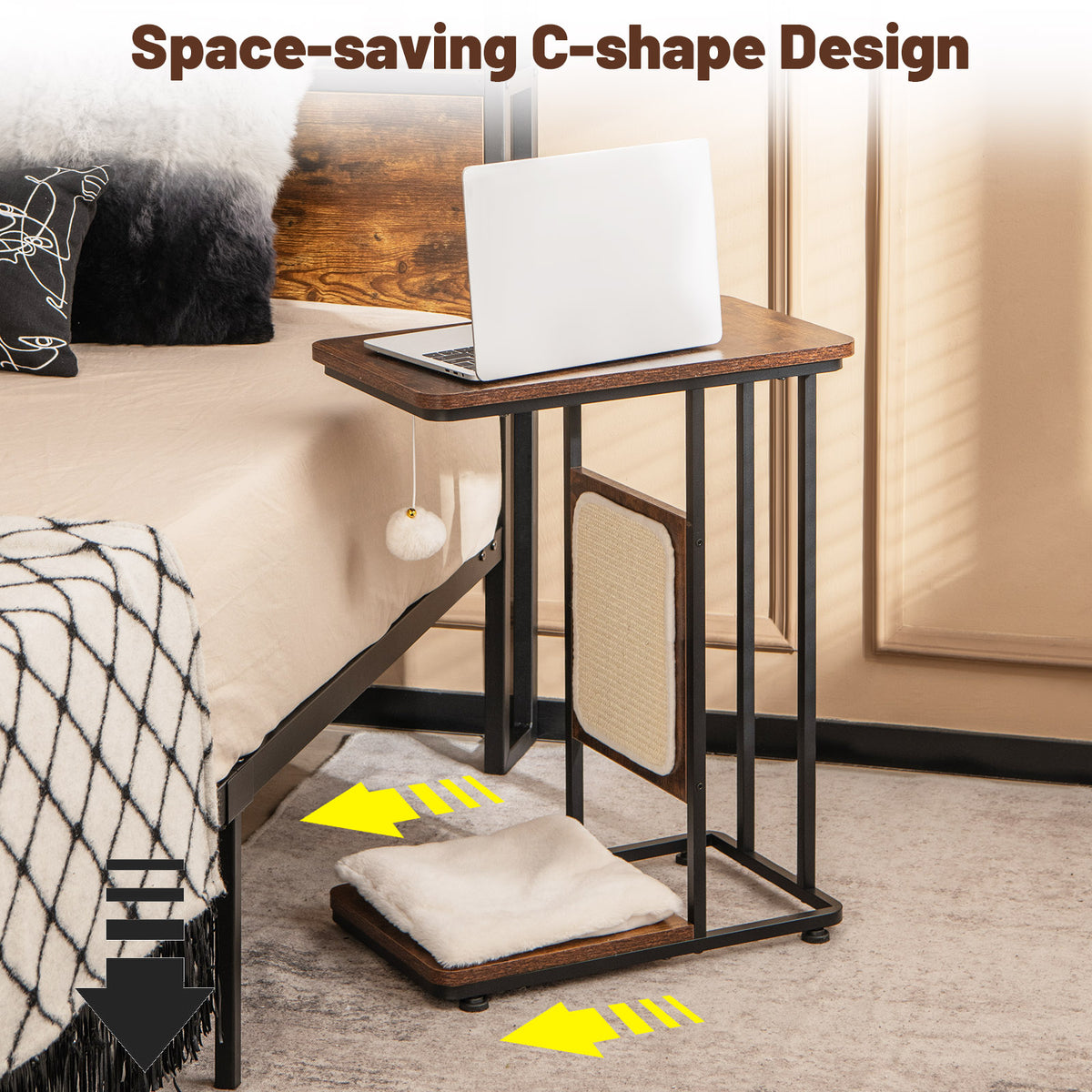 C- Shaped Cat Side Table Cat Tree with Scratching Board-Rustic Brown-Cat Supplies-DECOROLALA