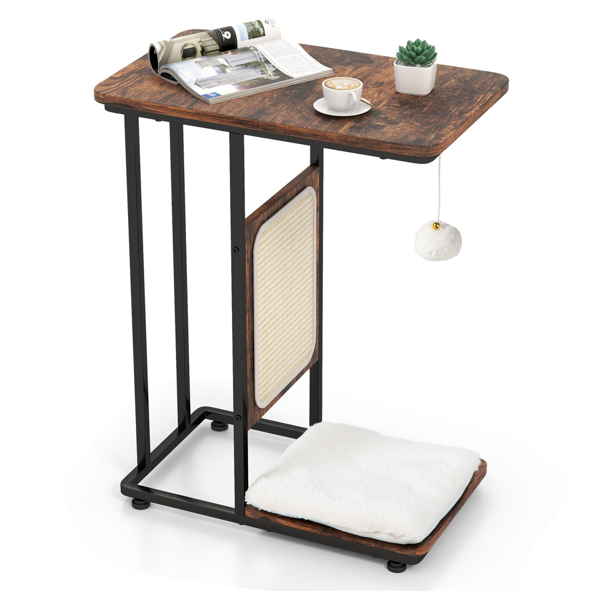 C- Shaped Cat Side Table Cat Tree with Scratching Board-Rustic Brown-Cat Supplies-DECOROLALA