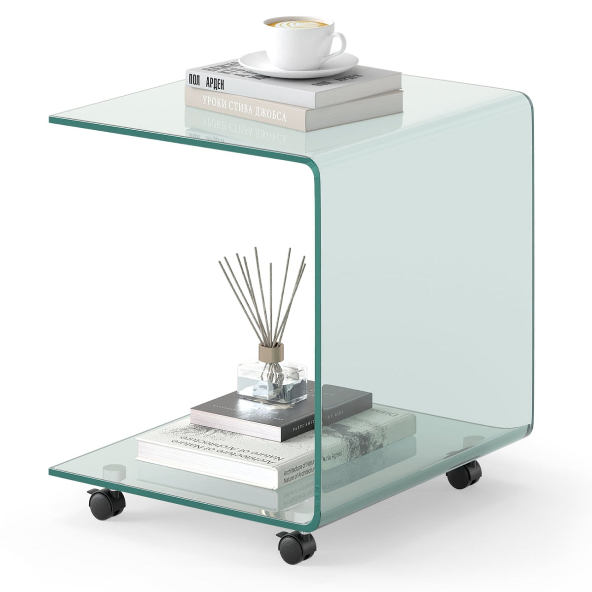 C-Shaped End Table Modern Tempered Glass Side Table with Shelf-Transparent-End & Side Tables-DECOROLALA