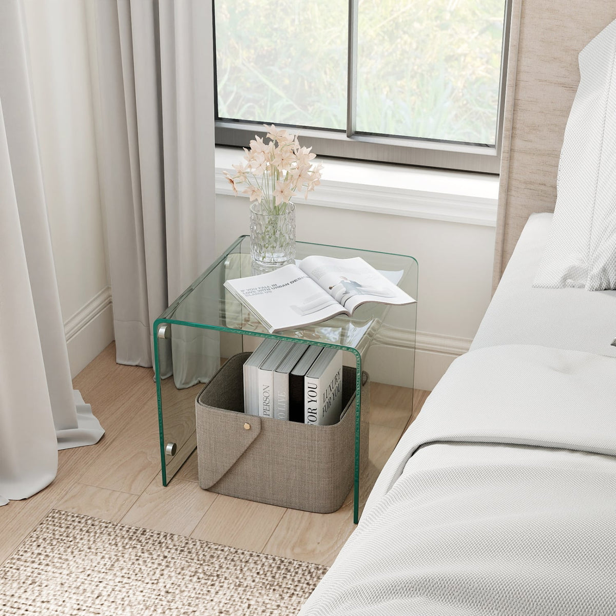 C-Shaped End Table Modern Tempered Glass Side Table with Shelf-Transparent-End & Side Tables-DECOROLALA