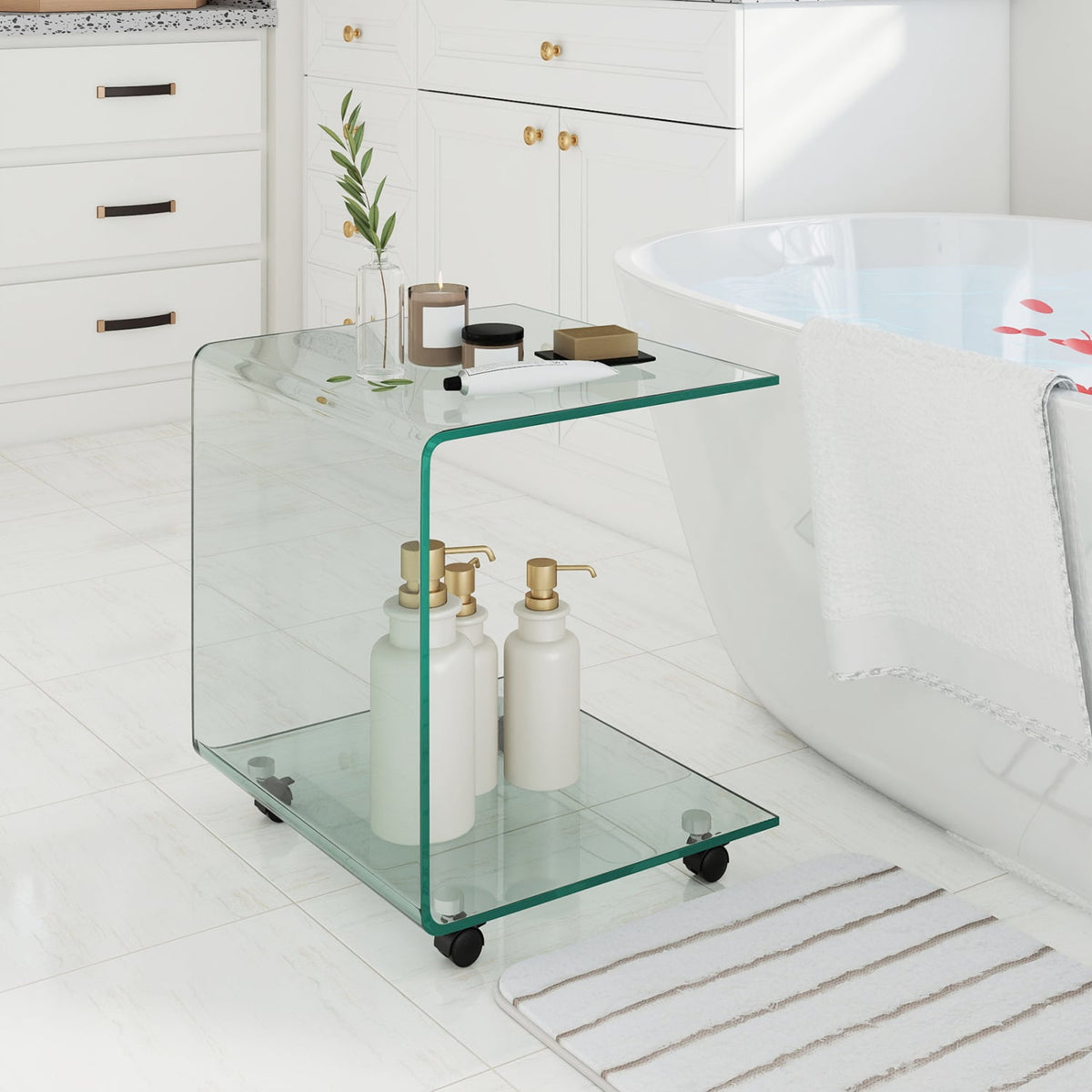 C-Shaped End Table Modern Tempered Glass Side Table with Shelf-Transparent-End & Side Tables-DECOROLALA