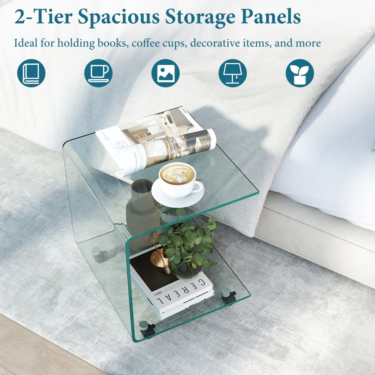 C-Shaped End Table Modern Tempered Glass Side Table with Shelf-Transparent-End & Side Tables-DECOROLALA