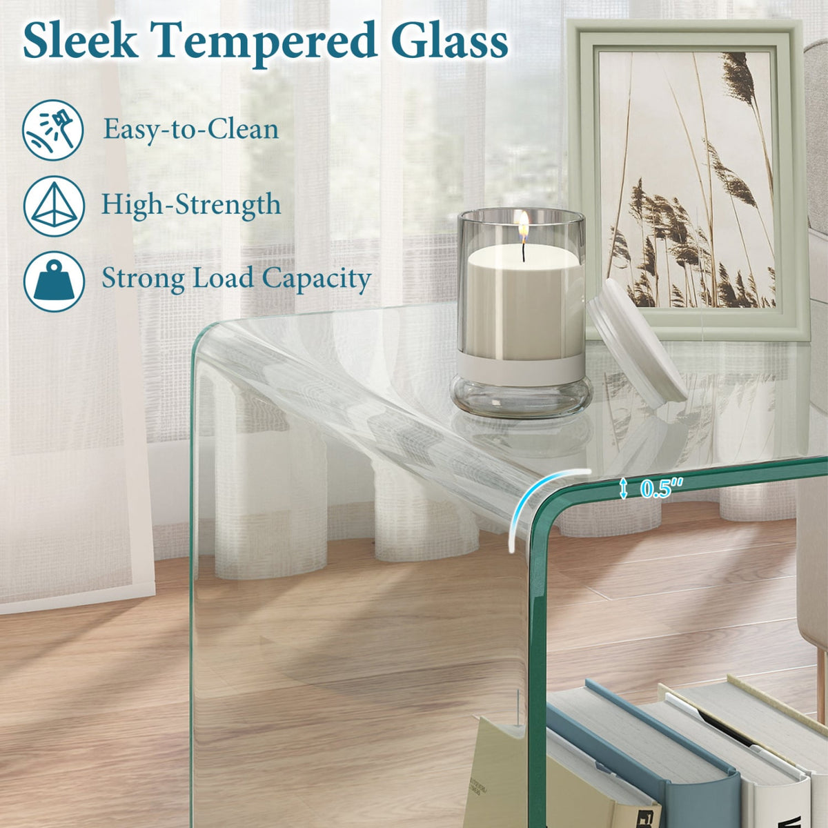 C-Shaped End Table Modern Tempered Glass Side Table with Shelf-Transparent-End & Side Tables-DECOROLALA