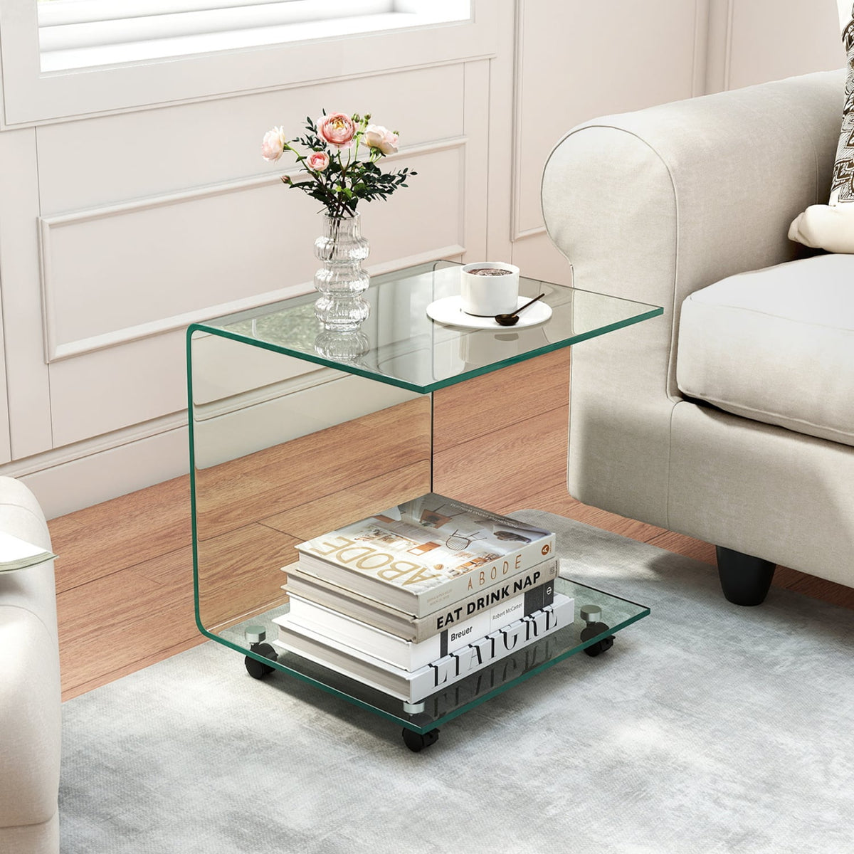 C-Shaped End Table Modern Tempered Glass Side Table with Shelf-Transparent-End & Side Tables-DECOROLALA