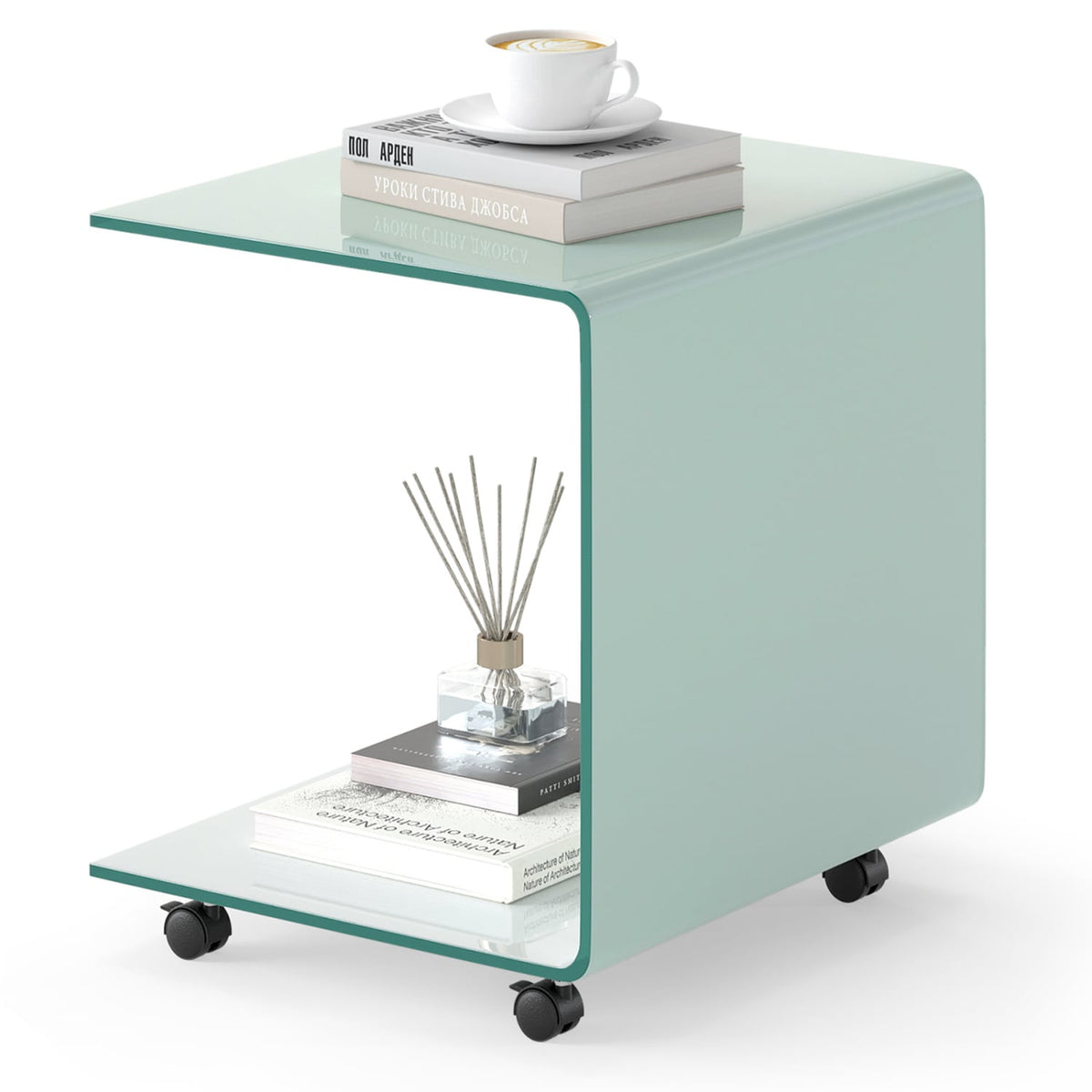 C-Shaped End Table Modern Tempered Glass Side Table with Shelf-White-End & Side Tables-DECOROLALA