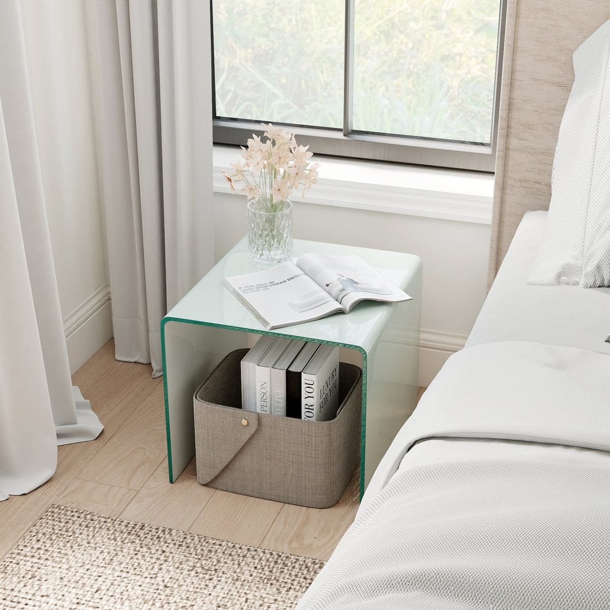 C-Shaped End Table Modern Tempered Glass Side Table with Shelf-White-End & Side Tables-DECOROLALA