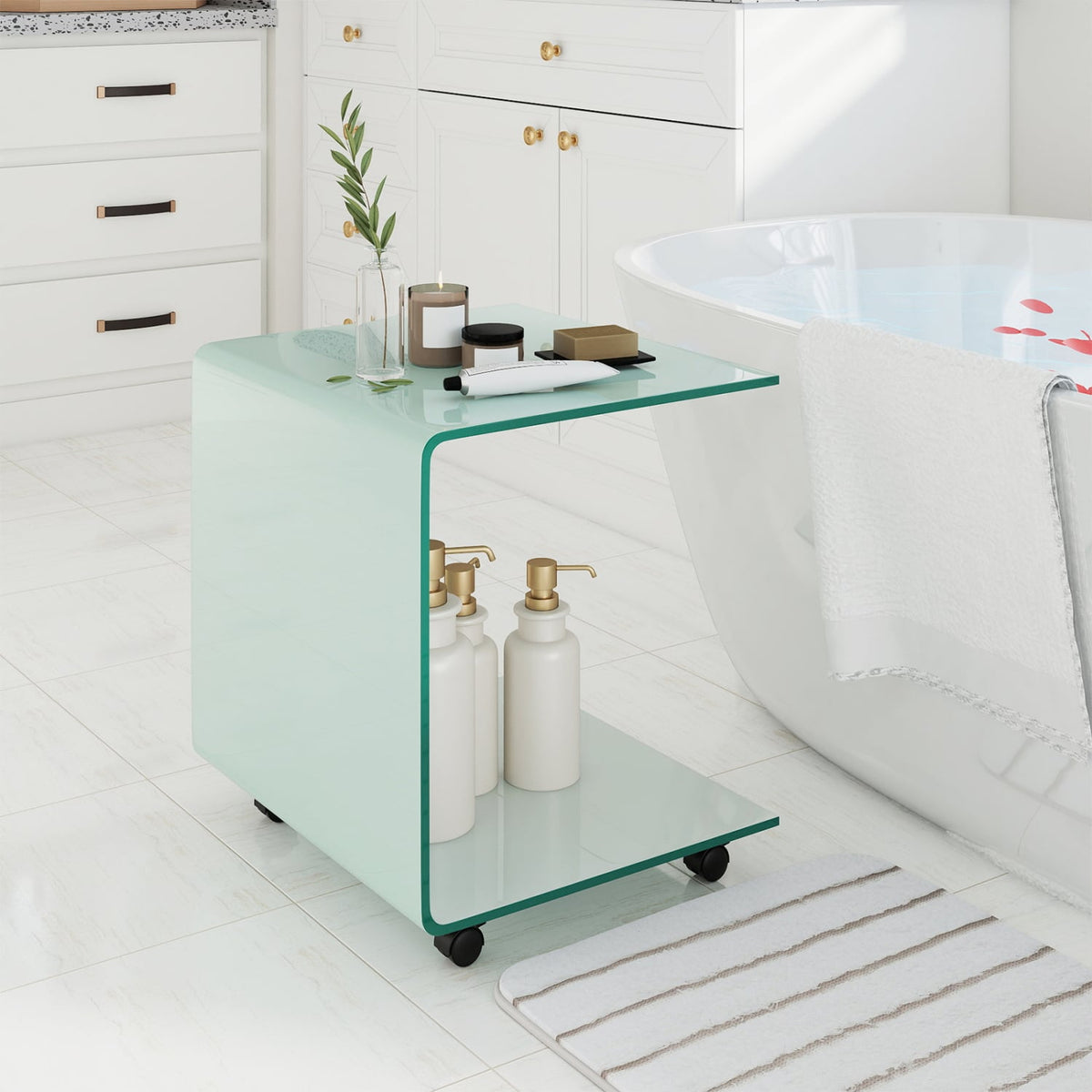 C-Shaped End Table Modern Tempered Glass Side Table with Shelf-White-End & Side Tables-DECOROLALA