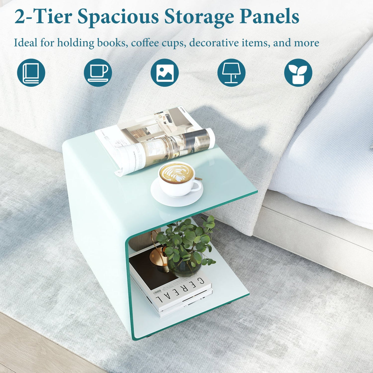 C-Shaped End Table Modern Tempered Glass Side Table with Shelf-White-End & Side Tables-DECOROLALA