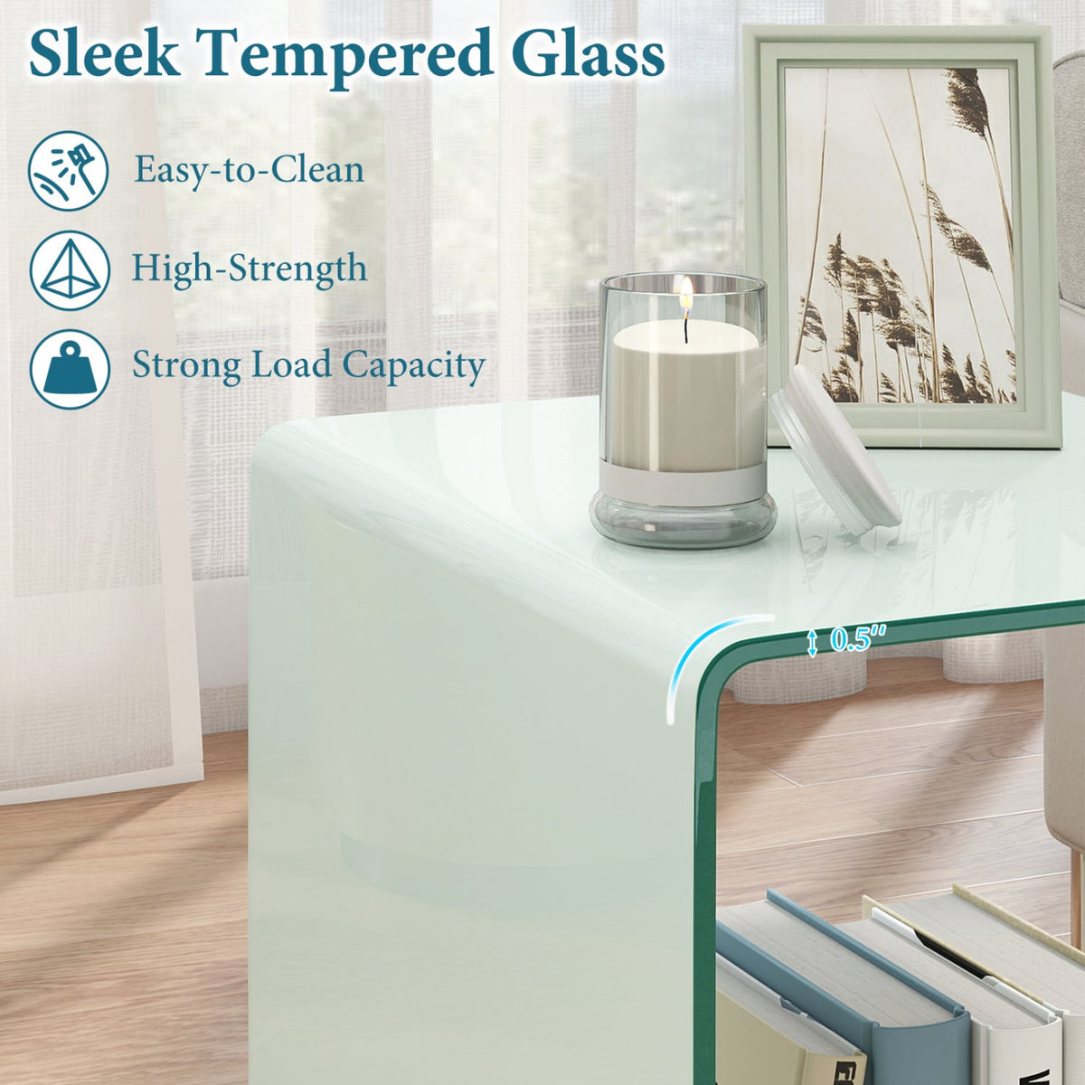 C-Shaped End Table Modern Tempered Glass Side Table with Shelf-White-End & Side Tables-DECOROLALA