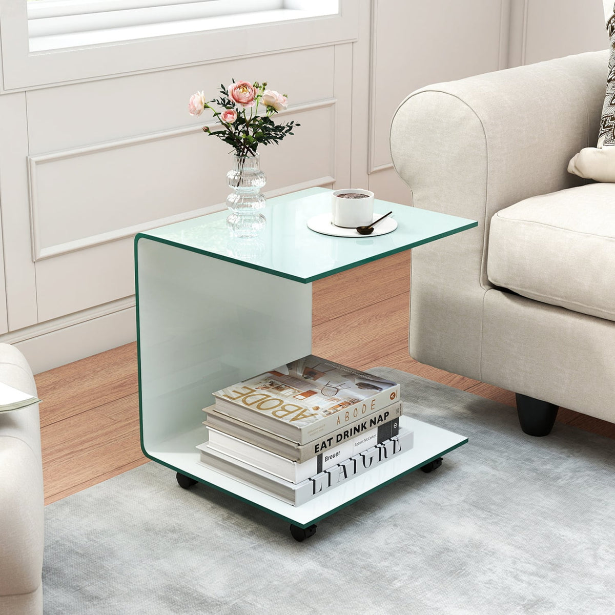 C-Shaped End Table Modern Tempered Glass Side Table with Shelf-White-End & Side Tables-DECOROLALA