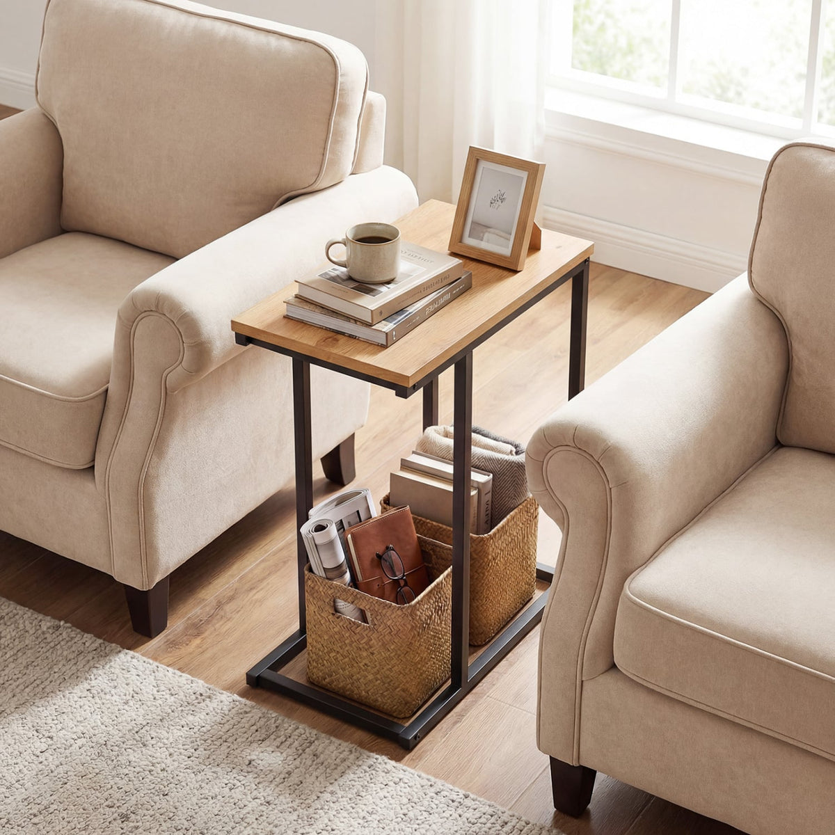 C-Shaped End Table Small Side Table with Sturdy Metal Frame-Natural-End & Side Tables-DECOROLALA