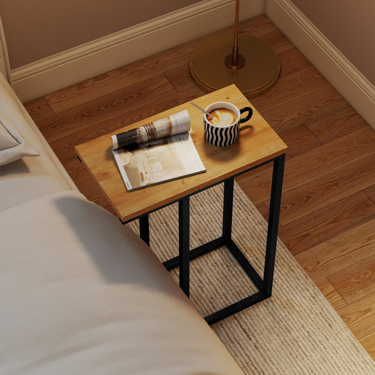 C-Shaped End Table Small Side Table with Sturdy Metal Frame-Natural-End & Side Tables-DECOROLALA