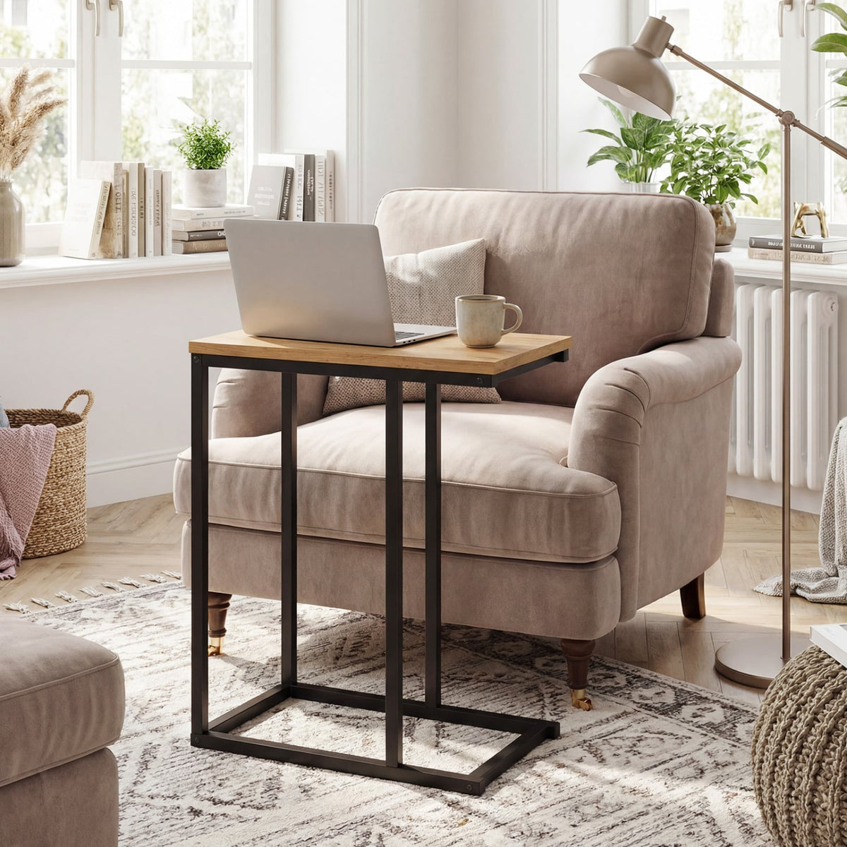 C-Shaped End Table Small Side Table with Sturdy Metal Frame-Natural-End & Side Tables-DECOROLALA