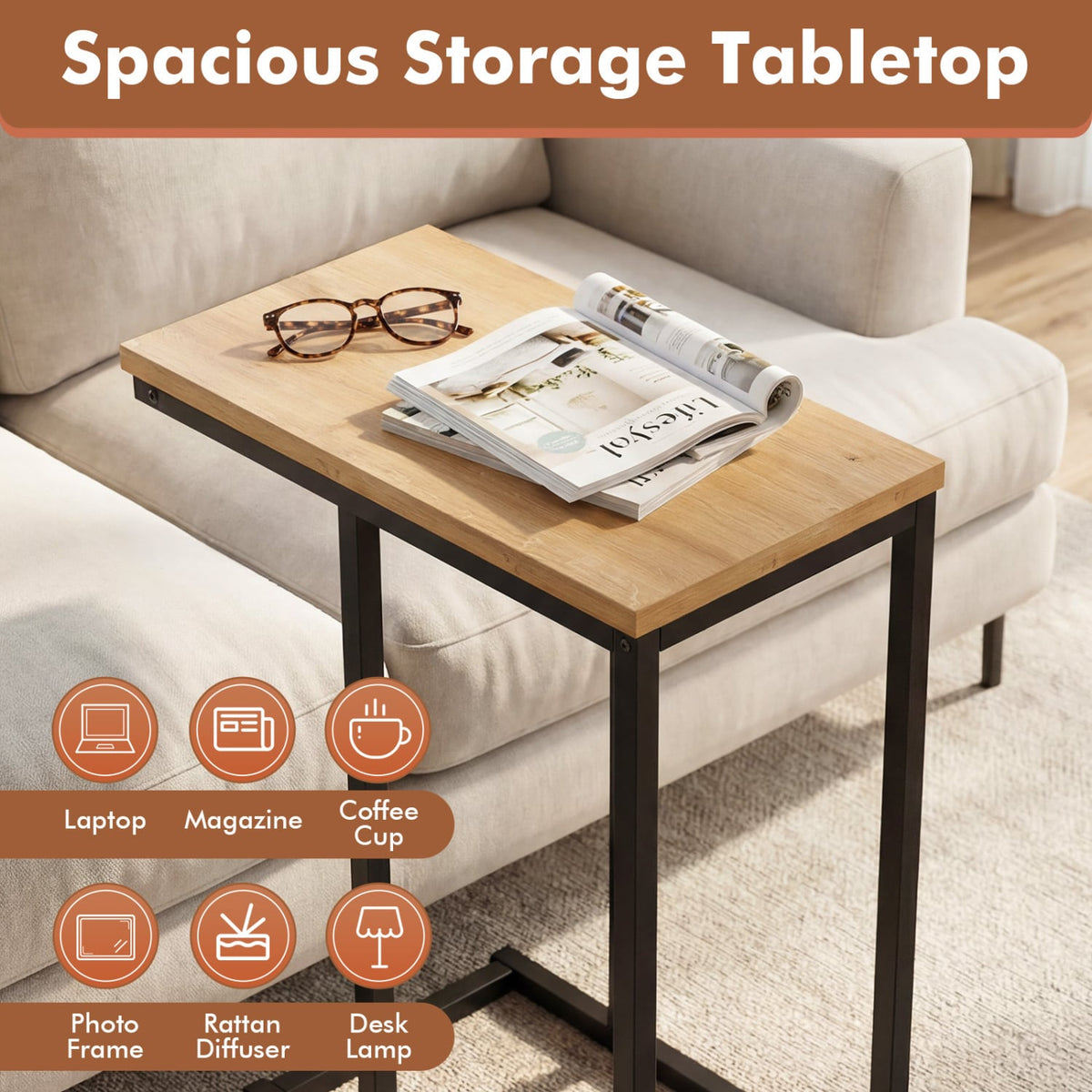 C-Shaped End Table Small Side Table with Sturdy Metal Frame-Natural-End & Side Tables-DECOROLALA