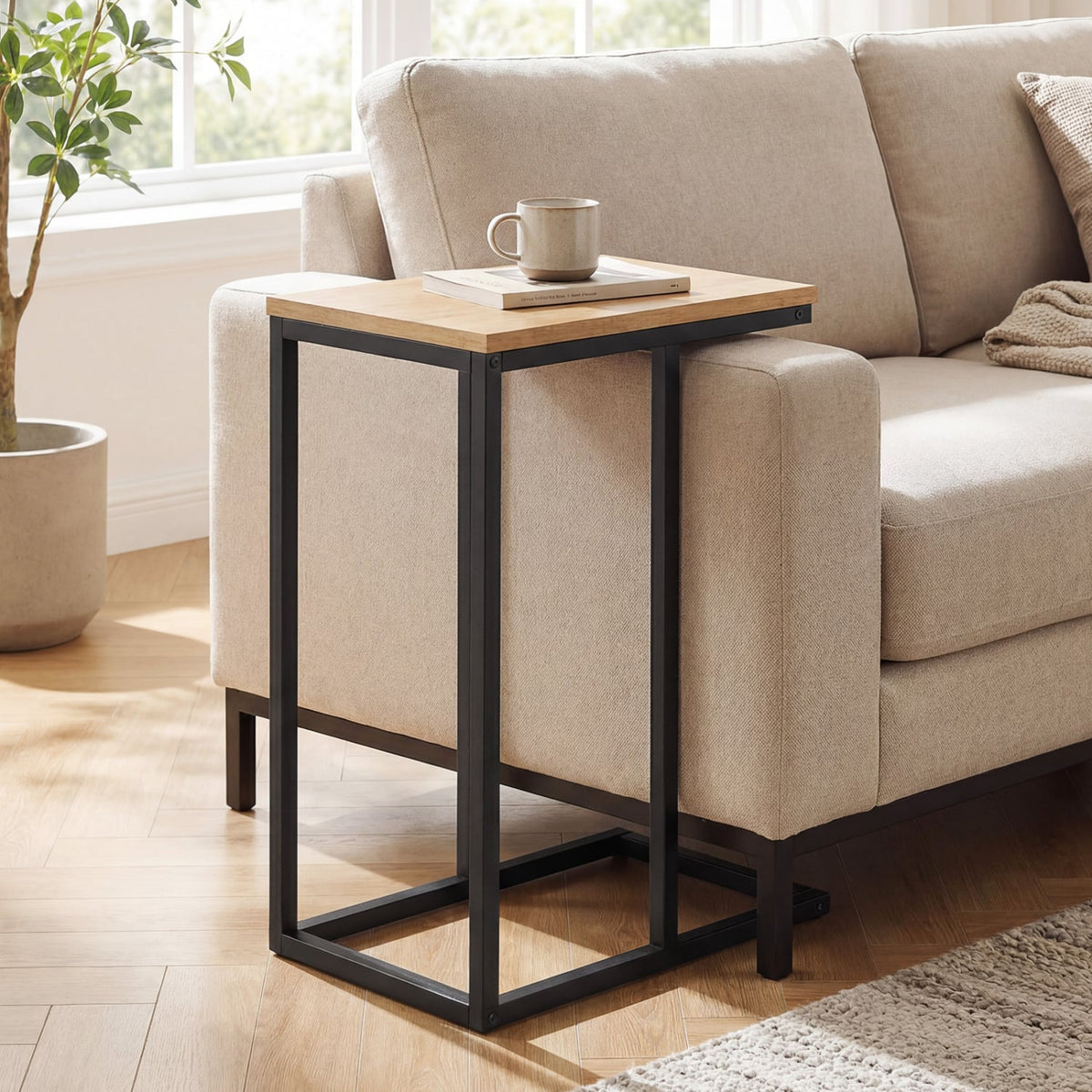 C-Shaped End Table Small Side Table with Sturdy Metal Frame-Natural-End & Side Tables-DECOROLALA