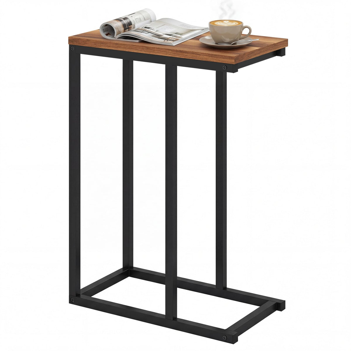 C-Shaped End Table Small Side Table with Sturdy Metal Frame-Walnut-End & Side Tables-DECOROLALA