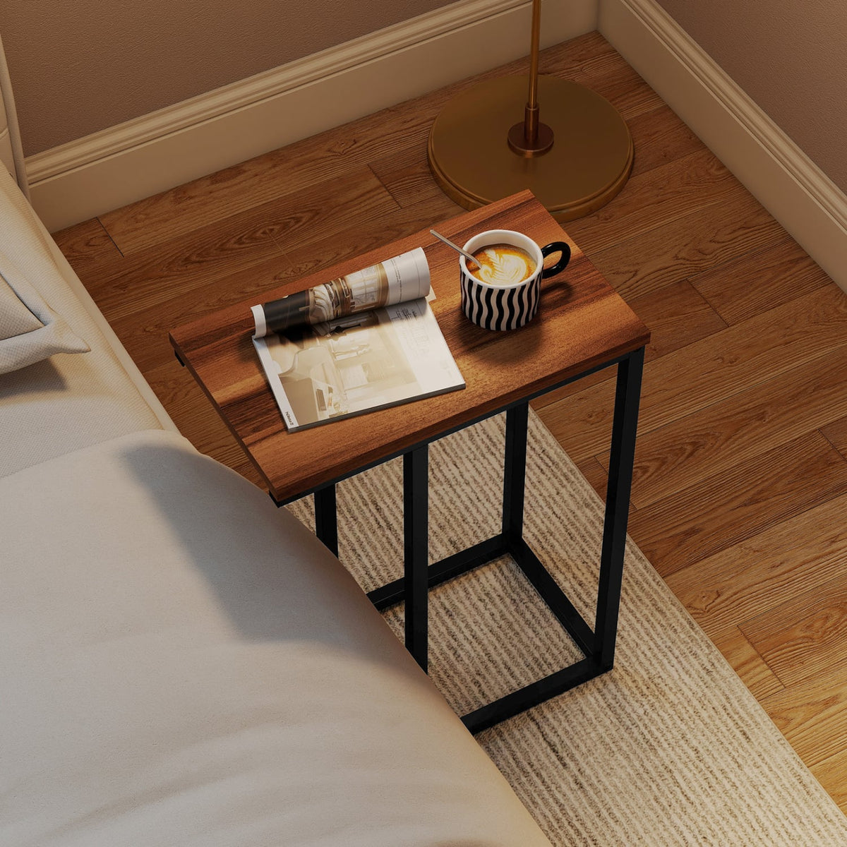 C-Shaped End Table Small Side Table with Sturdy Metal Frame-Walnut-End & Side Tables-DECOROLALA